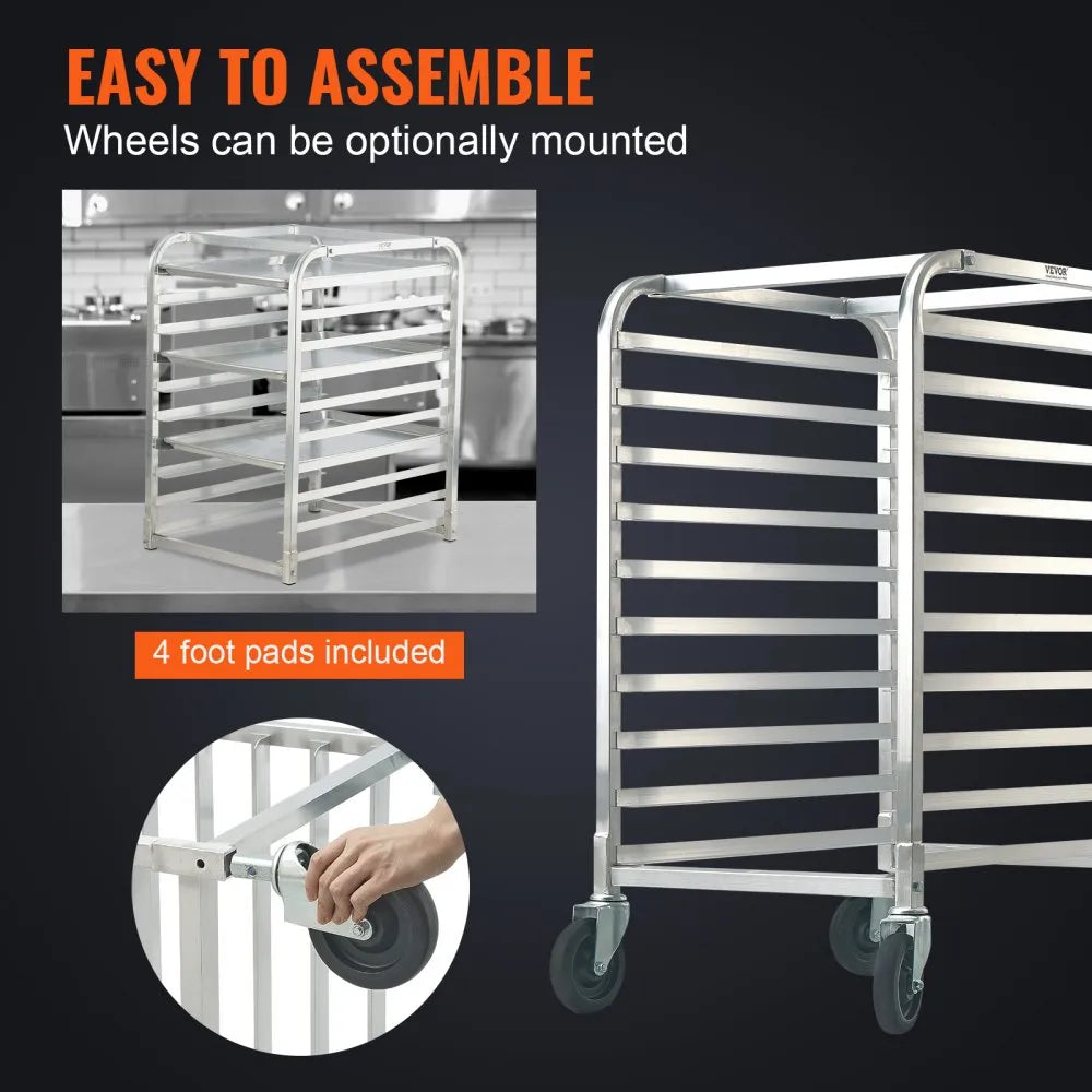 VEVOR Bun Pan Rack, 10-Tier Commercial Bakery Racks with Brake Wheels, Aluminum Racking Trolley Storage for Half & Full Sheet, Speed Rack For Kitchen Home, Bread Baking Equipment, 26\"L x 20.3\"W x 39\"H
