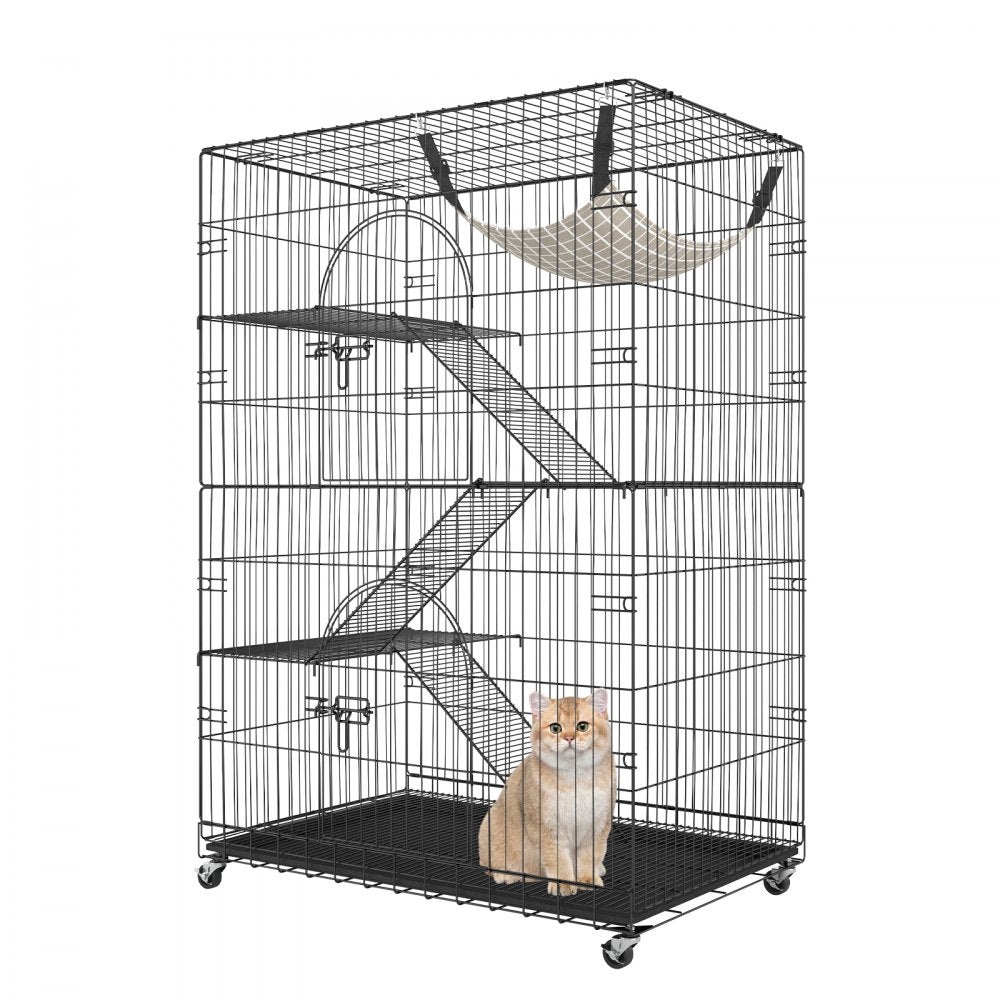 VEVOR Catio, 4-Tier Large Cat Cages Indoor, Detachable Metal Playpen Enclosure with 360° Rotating Casters, with 3 Ladders and a Hammock for 1-3 Cats, 35.4x23.6x51 inch