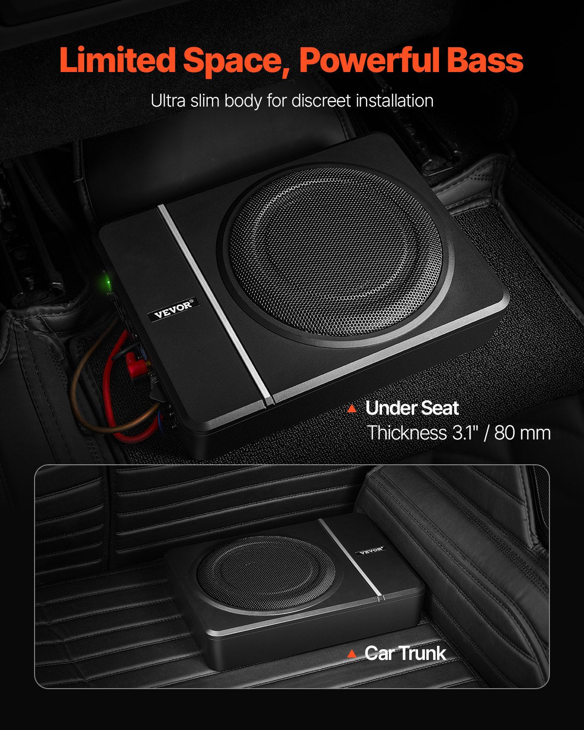VEVOR 8" 240W Under Seat Car Subwoofer Slim Powered Car/Truck Subwoofer System