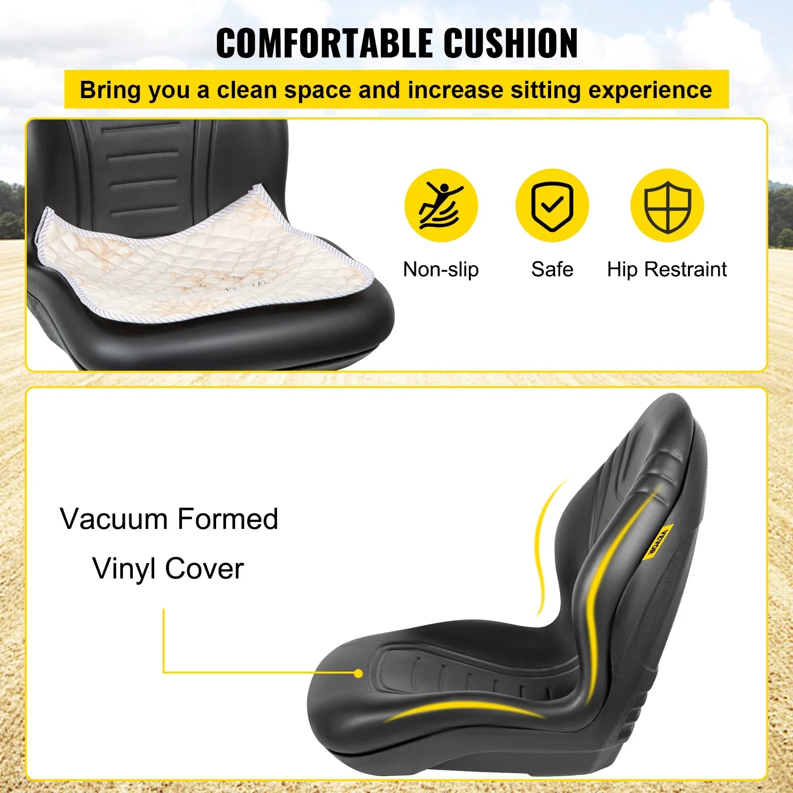 VEVOR Universal Tractor Seat Replacement, Compact High Back Mower Seat Pair, Black Vinyl Forklift Seat, Central Drain Hole Skid Steer Seat with Mounting Bolt Patterns of 8" x 11.5" & 11.25" x 11.5"