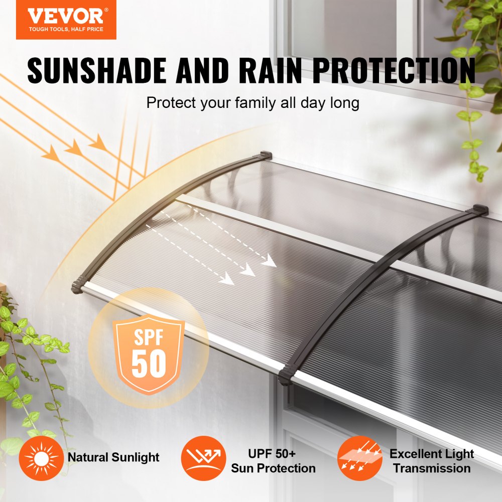 VEVOR Window Door Awning Canopy, 38" x 117" Door Canopy Exterior, UF50+ PC Sunshade Sheet Awnings, Outdoor Patio Awning Sun Shade, Transparent, Waterproof, for Sun Shutter, Rain, UV, Snow Protection