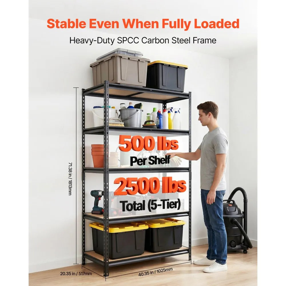 5-Tier Adjustable Storage Shelves, 2500 lb Capacity Heavy-Duty Garage Shelving Unit, Metal Utility Storage Rack with Adjustable Shelves, 40.35" x 20.35" x 71.38"