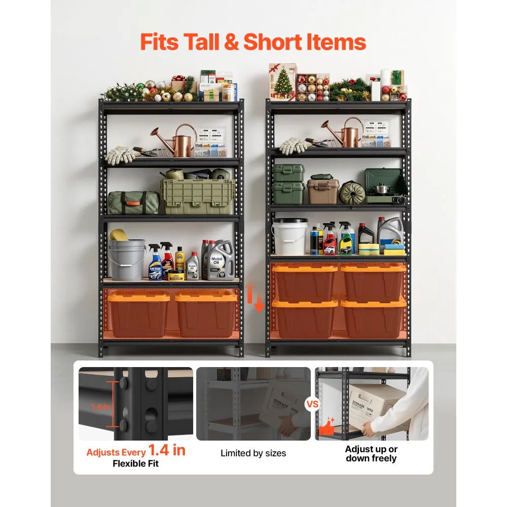 5-Tier Adjustable Storage Shelves, 2500 lb Capacity Heavy-Duty Garage Shelving Unit, Metal Utility Storage Rack with Adjustable Shelves, 40.35" x 20.35" x 71.38"