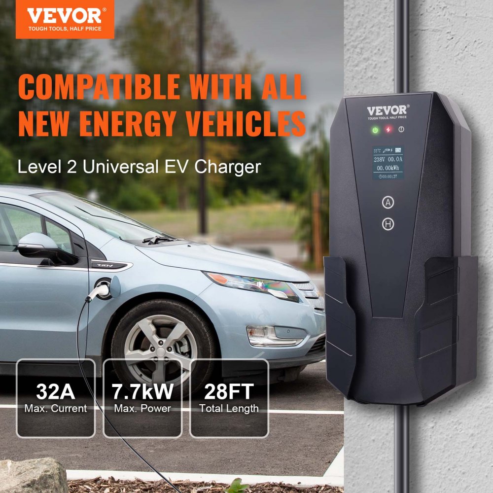 VEVOR Level 2 Portable EV Charger, 32 Amp 240V, Electric Vehicle Charger with 28 ft Charging Cable NEMA 10-30P Plug, 16/20/24/32A Adjustable Current Plug-in Home EV Charging Station for SAE J1772 EVs