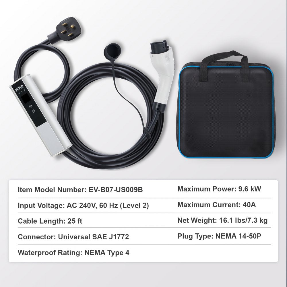 VEVOR Level 2 Portable EV Charger, 40A 240V, Electric Vehicle Charger with 25 ft Charging Cable NEMA 14-50P Plug, 40A/32A/24A/16A Adjustable Current Plug-in Home EV Charging Station for SAE J1772 EVs