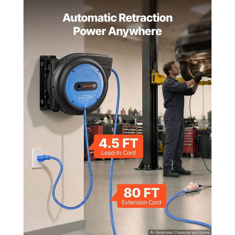80 ft Retractable Extension Cord Reel, Heavy-Duty 12/3 AWG Power Cord with Lighted 3-Outlet Tap & 15A Circuit Breaker