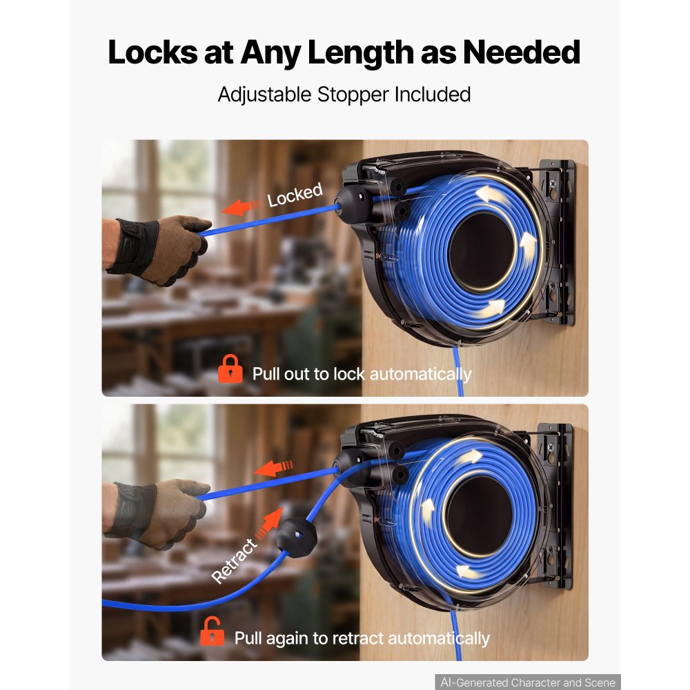 80 ft Retractable Extension Cord Reel, Heavy-Duty 12/3 AWG Power Cord with Lighted 3-Outlet Tap & 15A Circuit Breaker