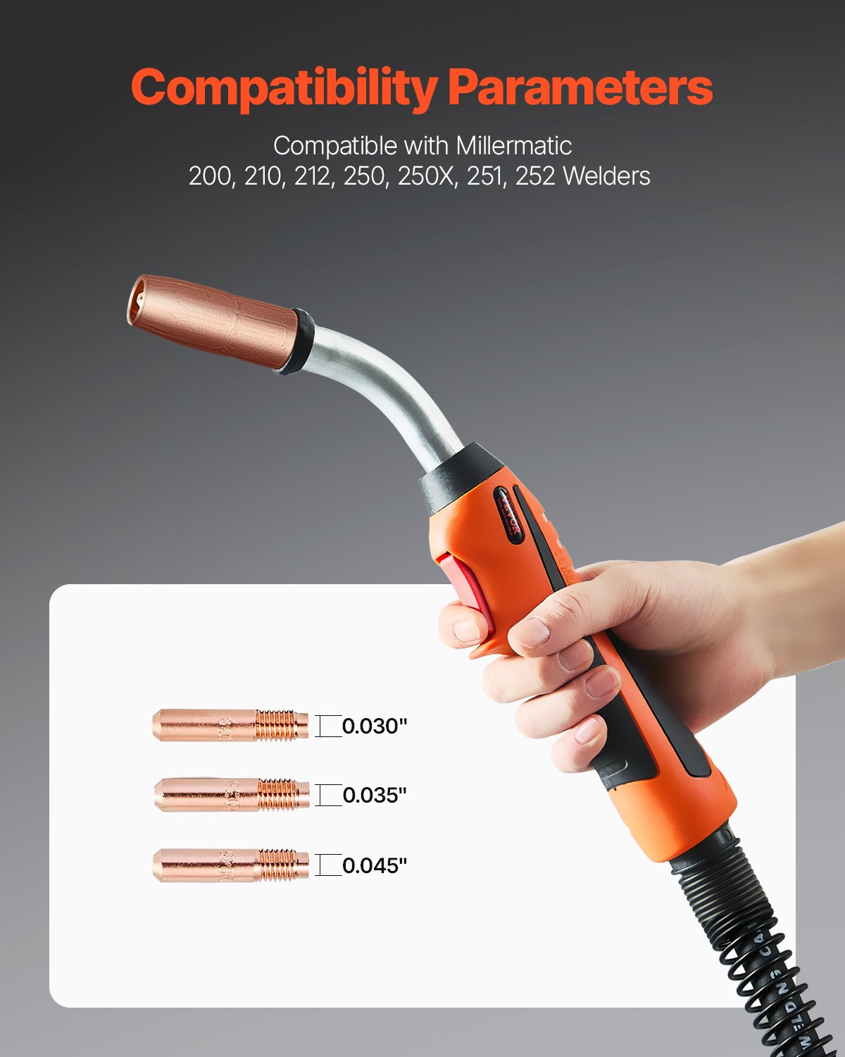 VEVOR 250Amp Mig Welding Gun with 15FT Cable for 0.030" 0.035" & 0.045" Wires