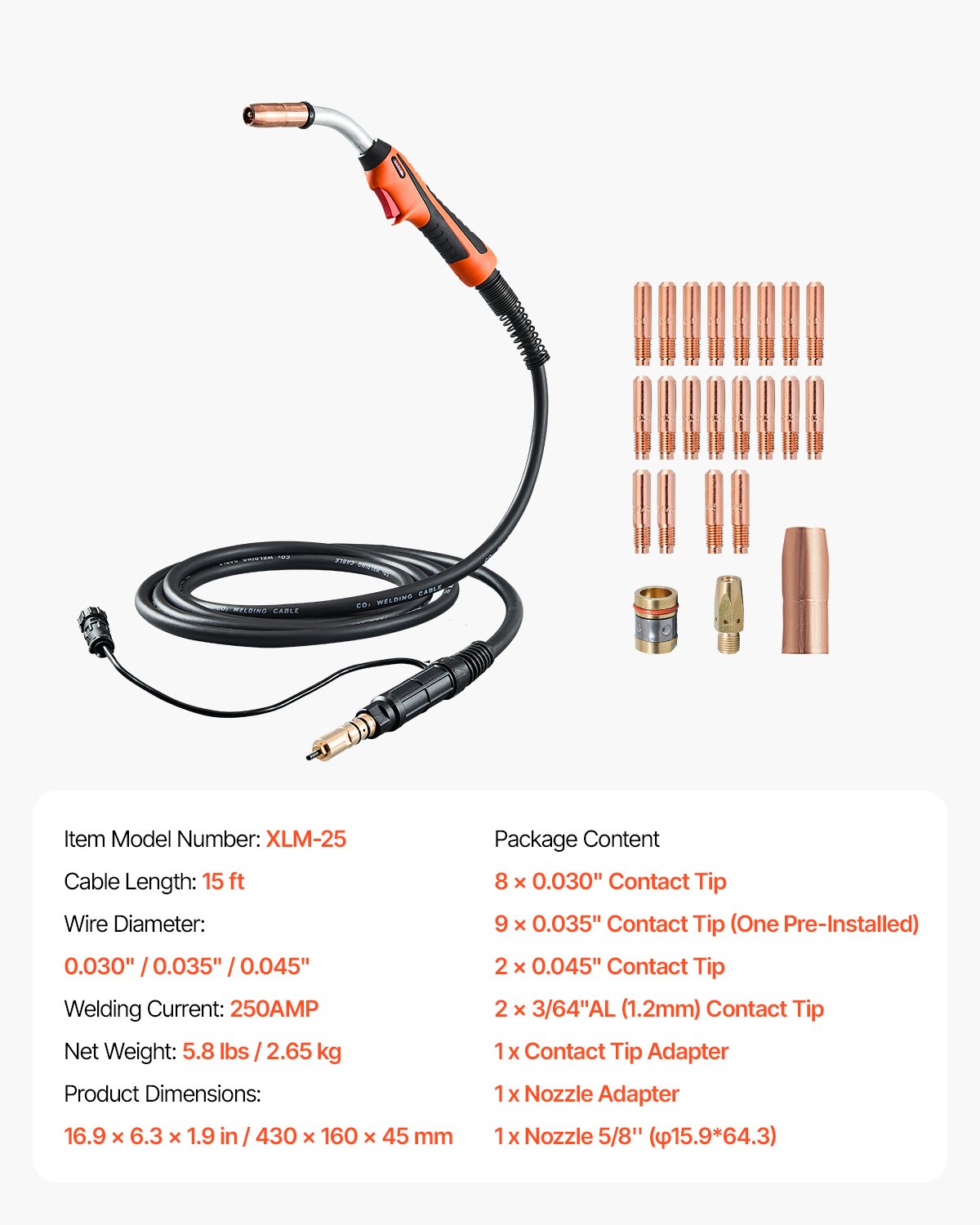 VEVOR 250Amp Mig Welding Gun with 15FT Cable for 0.030" 0.035" & 0.045" Wires
