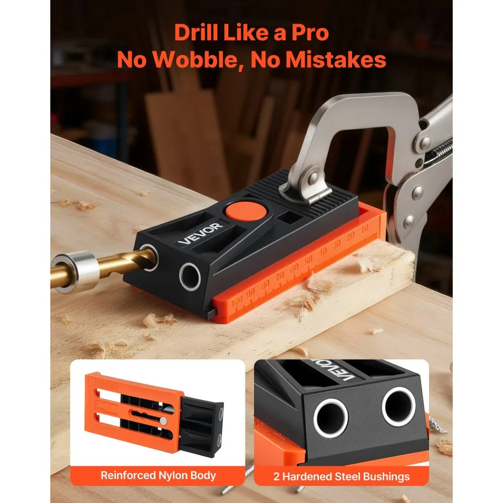 VEVOR Pocket Hole Jig Kit, 1/2 to 1-1/2 in Adjustable, Mini Jig Pocket Hole System with Step Drill, Hex Wrench, Drill Stop Ring, Square Drive Bit, and Screws, Reinforced Nylon Frame, for Woodworking