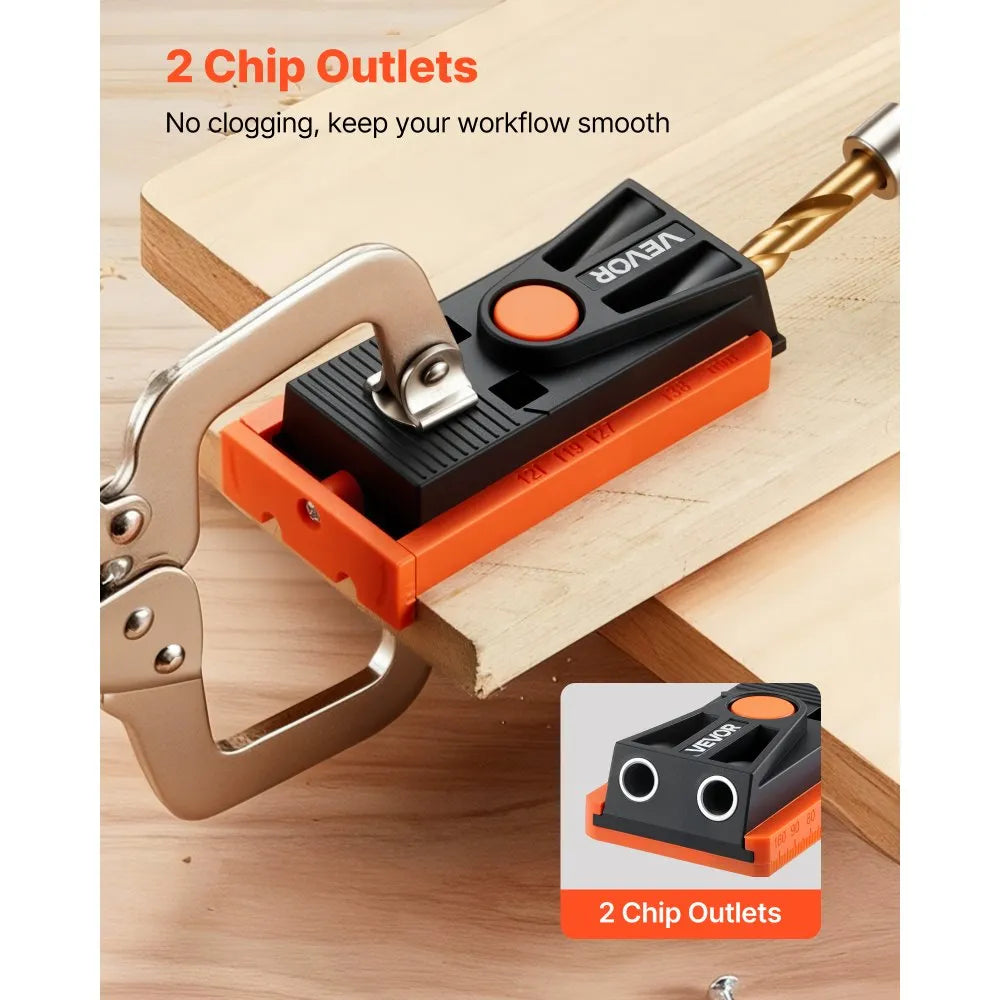 VEVOR Pocket Hole Jig Kit, 1/2 to 1-1/2 in Adjustable, Mini Jig Pocket Hole System with Step Drill, Hex Wrench, Drill Stop Ring, Square Drive Bit, and Screws, Reinforced Nylon Frame, for Woodworking