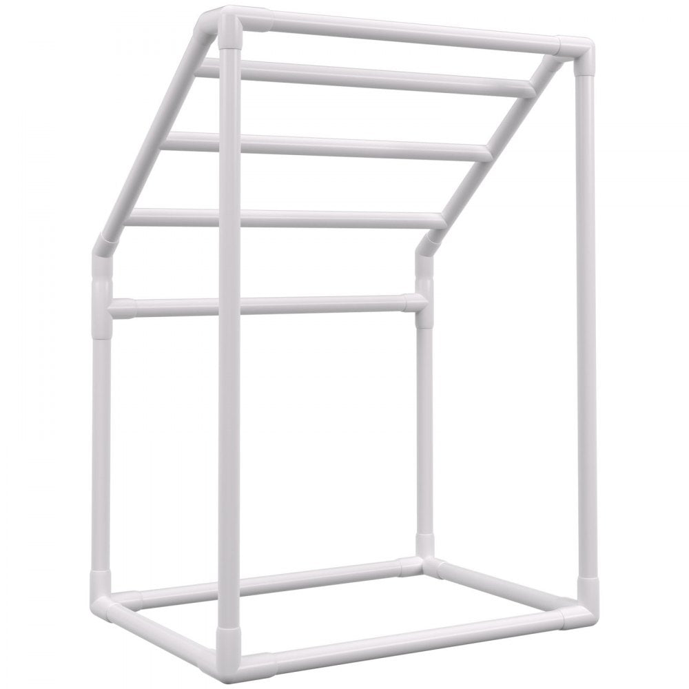 VEVOR Pool Towel Rack, 5 Bar, White, Freestanding Outdoor PVC Trapedozal Poolside Storage Organizer, Include 8 Towel Clips, Mesh Bag, Hook, Also Stores Floats and Paddles, for Beach, Swimming Pool