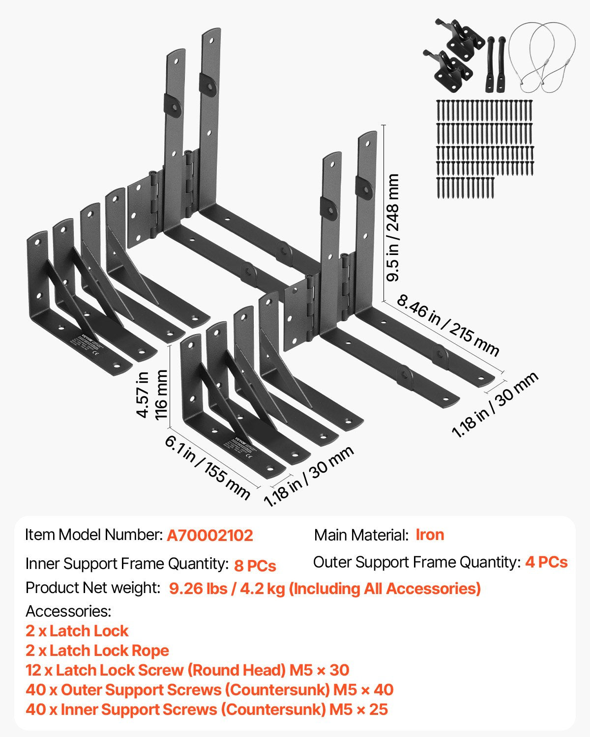 VEVOR Gate Corner Brace Bracket 2 Sets Anti Sag Gate Frame Hardware Kit Black