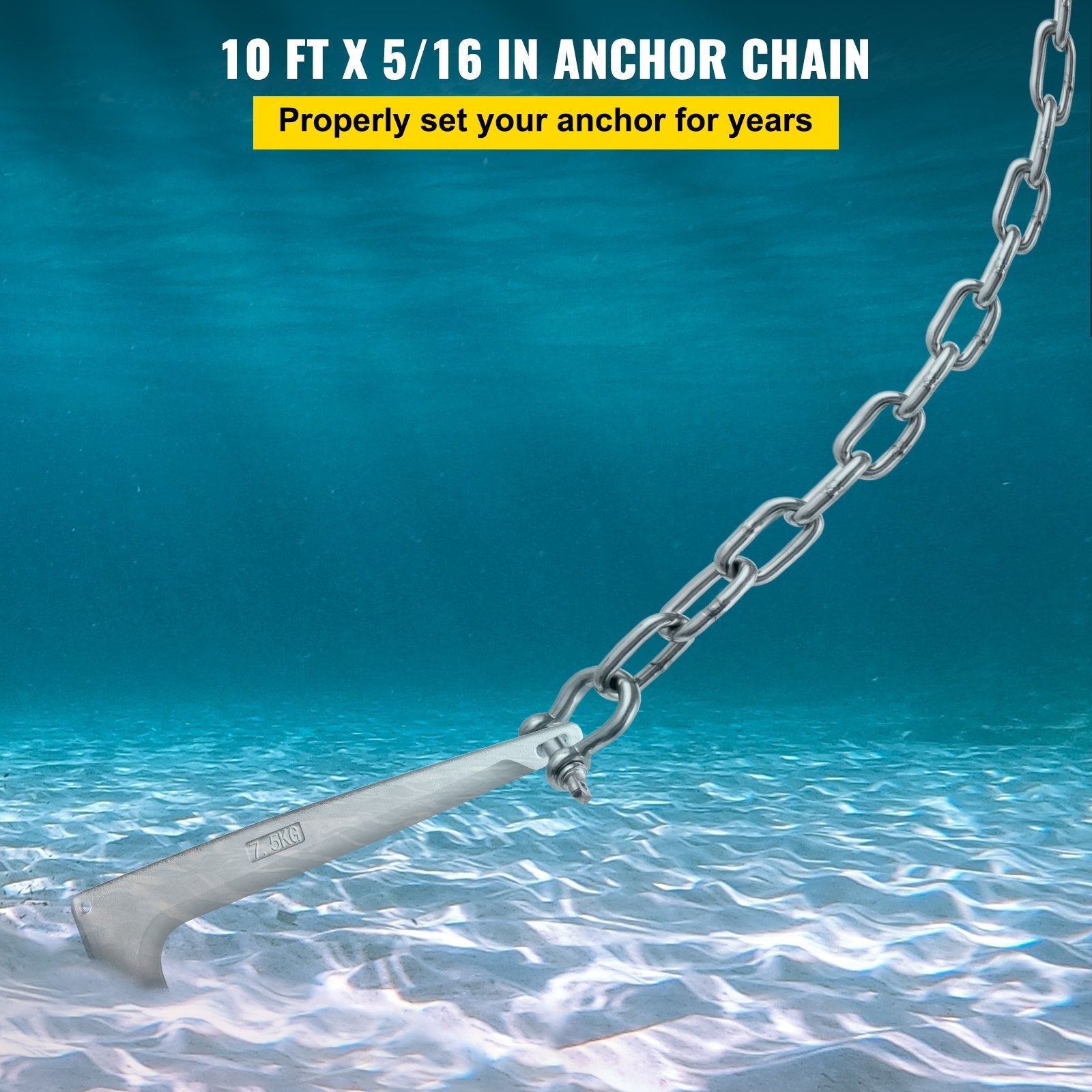 VEVOR Anchor Chain, 10 ft x 5/16 in Stainless Steel Chain, 3/8" Anchor Chain Shackle, 7120lbs Anchor Lead Chain Breaking Load, 9460lbs Anchor Chain Shackle Breaking Load, Anchor Chain for Boats