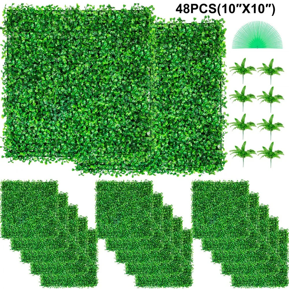 VEVOR Artificial Boxwood Panel UV 48pcs Boxwood Hedge Wall Panels Artificial Grass Backdrop Wall 10X10" 4cm Green Grass Wall Fake Hedge for Decor Privacy Fence Indoor Outdoor Garden Backyard