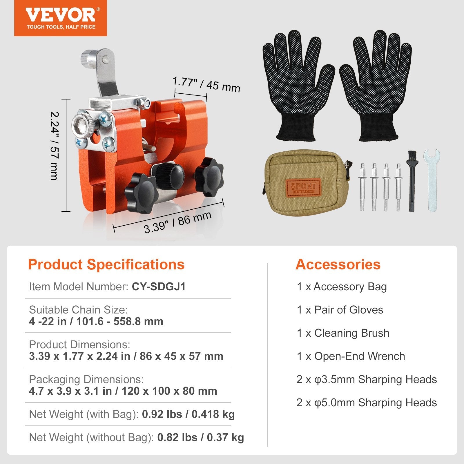 VEVOR Chainsaw Sharpener, Hand-Cranked Chain Saw Sharpening Jig Fit 4"-22" Chainsaws, Potable Saws Chain Sharpen Tool Set with 4 Grinding Heads for Landscaper, Lumberjack, Maintenance Worker