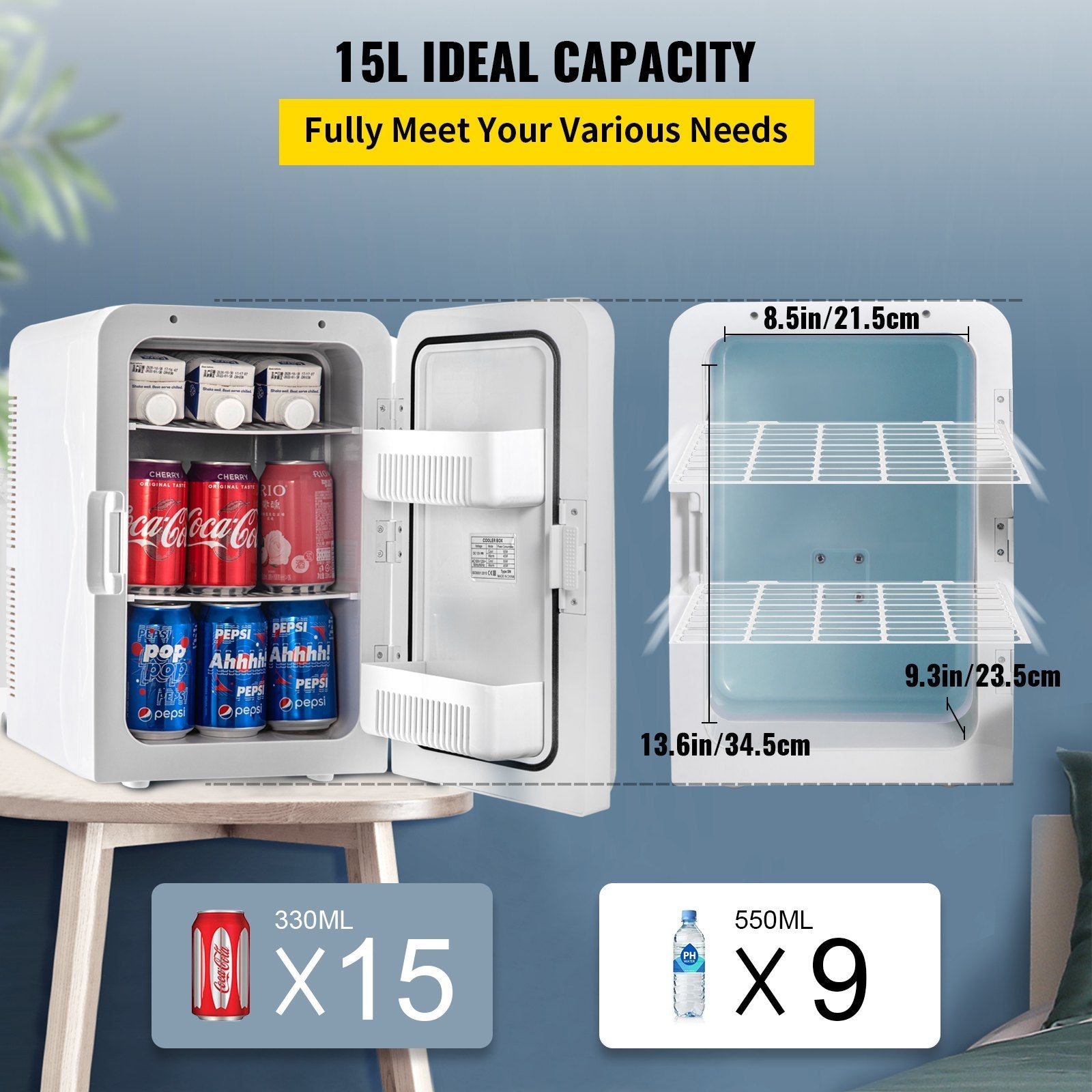 VEVOR Mini Fridge, 15 Liter Portable Cooler Warmer, Skincare Fridge White, Compact Refrigerator, Lightweight Beauty Fridge, for Bedroom Office Car Boat Dorm Skincare (110V/12V)