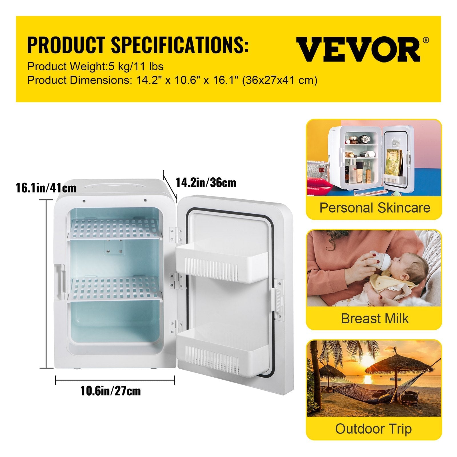 VEVOR Mini Fridge, 15 Liter Portable Cooler Warmer, Skincare Fridge White, Compact Refrigerator, Lightweight Beauty Fridge, for Bedroom Office Car Boat Dorm Skincare (110V/12V)
