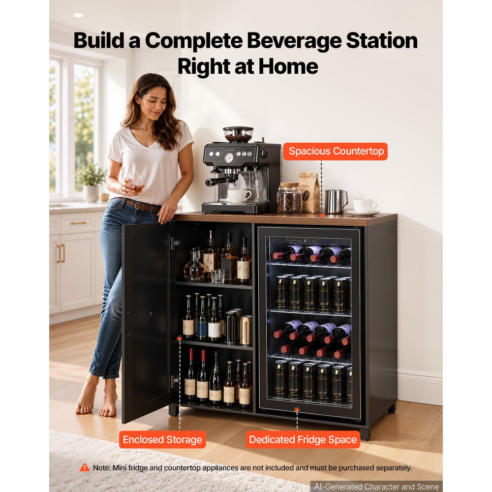 Coffee Bar Cabinet with Mini Fridge Space, Adjustable Shelves & Storage – 39.4-Inch Beverage Station