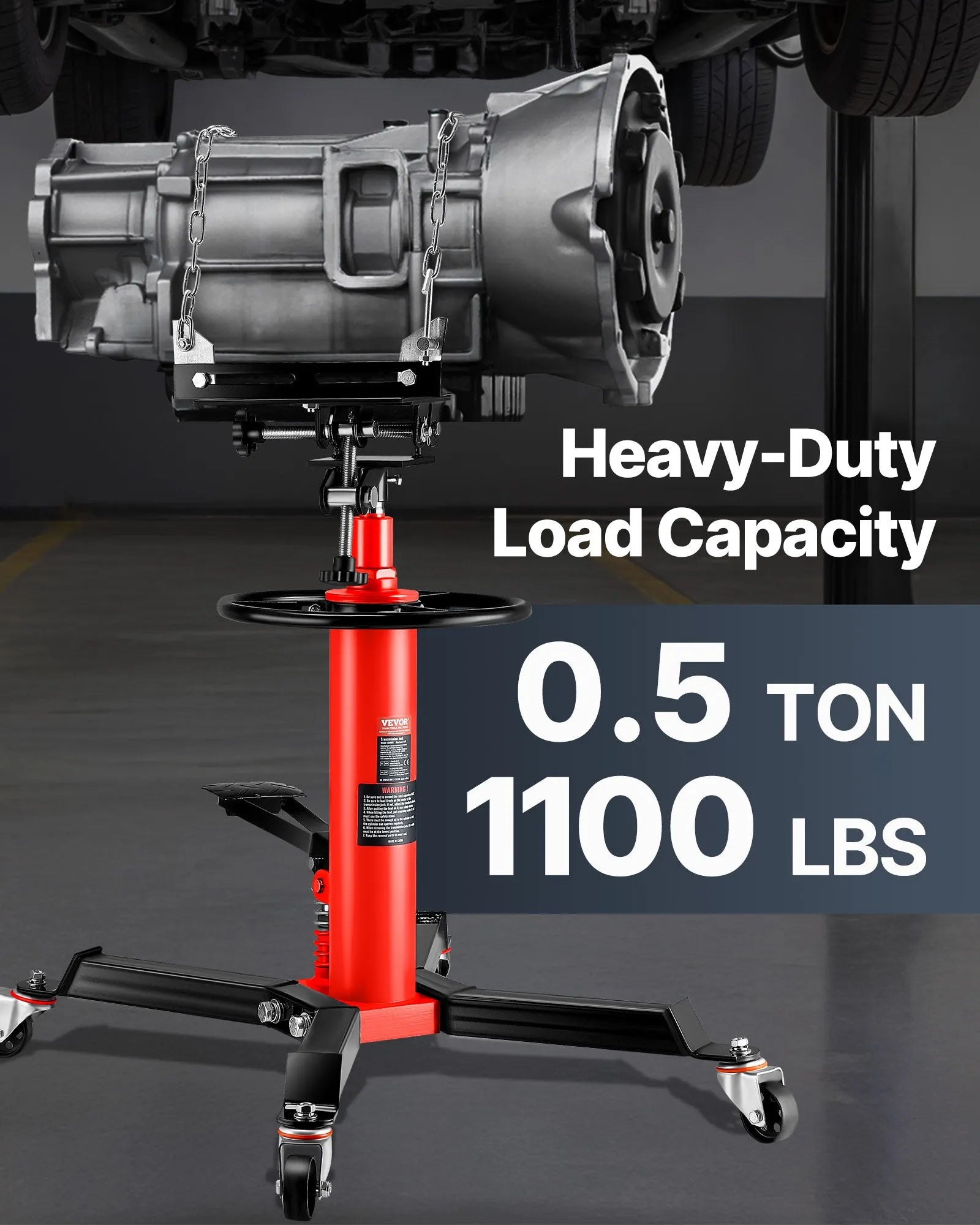VEVOR Transmission Jack,1/2Ton (1100lbs) Capacity Hydraulic Telescopic Transmission Jack, 2-Stage Floor Jack Stand with Foot Pedal, 360° Swivel Wheel, Garage/ Shop Lift Hoist, Red