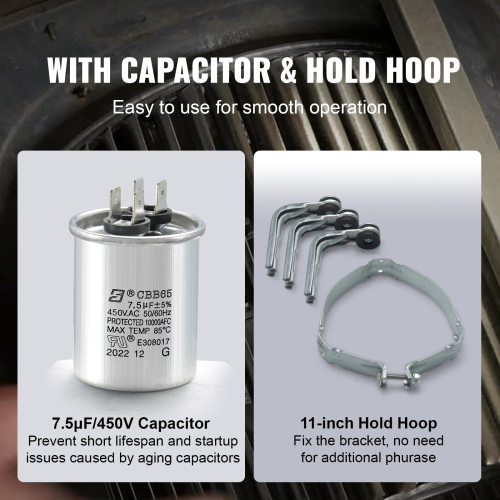 VEVOR 1/2HP Furnace Blower Motor, 208/230V 2.7Amps, 1075RPM 5 Speeds, CW/CCW Rotation, 48 Frame 3.4" Shaft Length, 7.5?F/450V Capacitor + 11" Hold Hoop