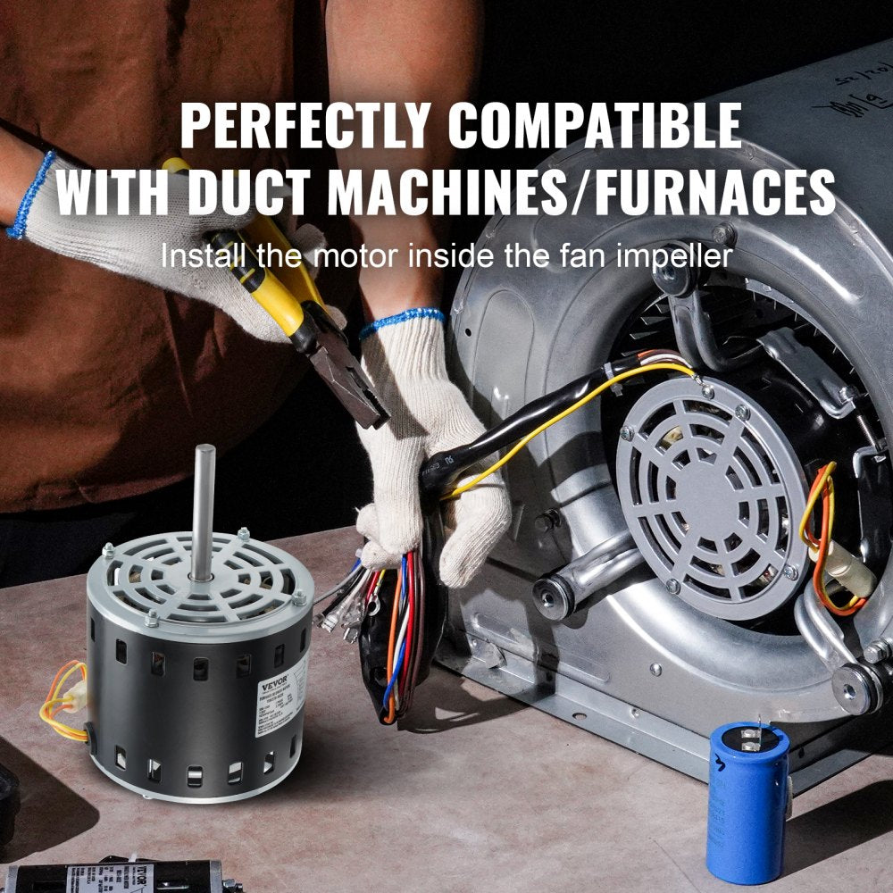 VEVOR 1/2HP Furnace Blower Motor, 208/230V 2.7Amps, 1075RPM 5 Speeds, CW/CCW Rotation, 48 Frame 3.4" Shaft Length, 7.5?F/450V Capacitor + 11" Hold Hoop