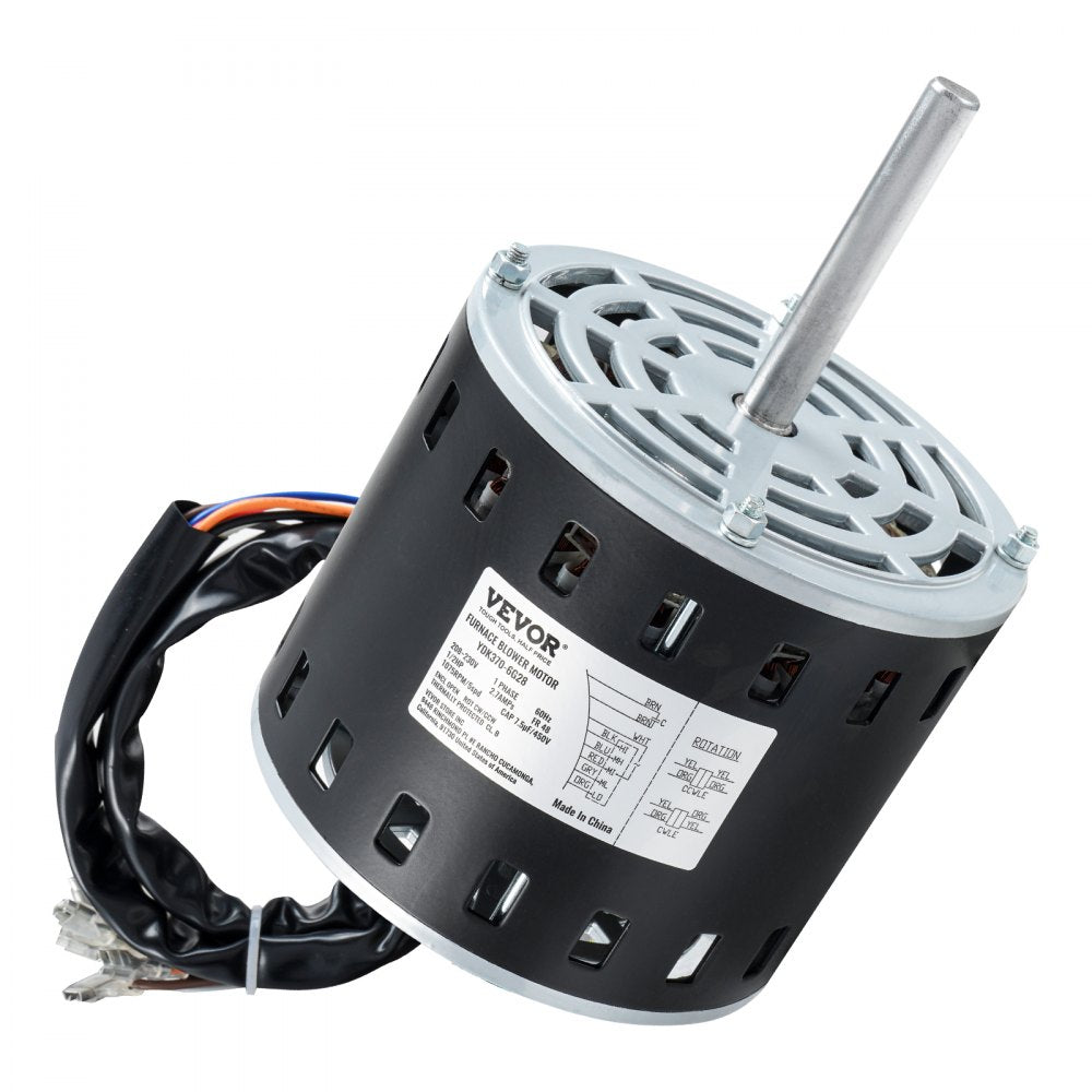 VEVOR 1/2HP Furnace Blower Motor, 208/230V 2.7Amps, 1075RPM 5 Speeds, CW/CCW Rotation, 48 Frame 3.4" Shaft Length, 7.5?F/450V Capacitor + 11" Hold Hoop