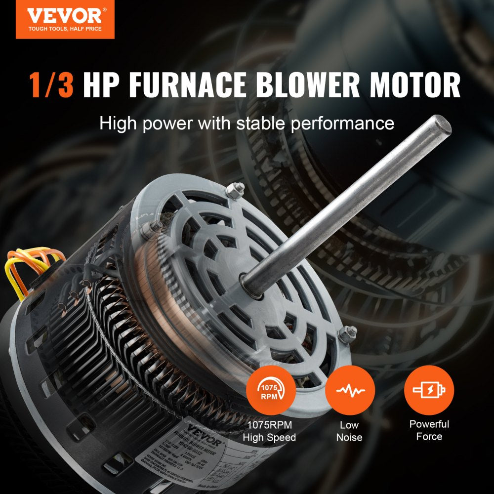 VEVOR 1/3HP Furnace Blower Motor, 110/120V 4.4Amps, 1075RPM 4 Speeds, CW/CCW Rotation, 48 Frame 5.2" Shaft Length, 5?F/370V Capacitor + 11" Hold Hoop