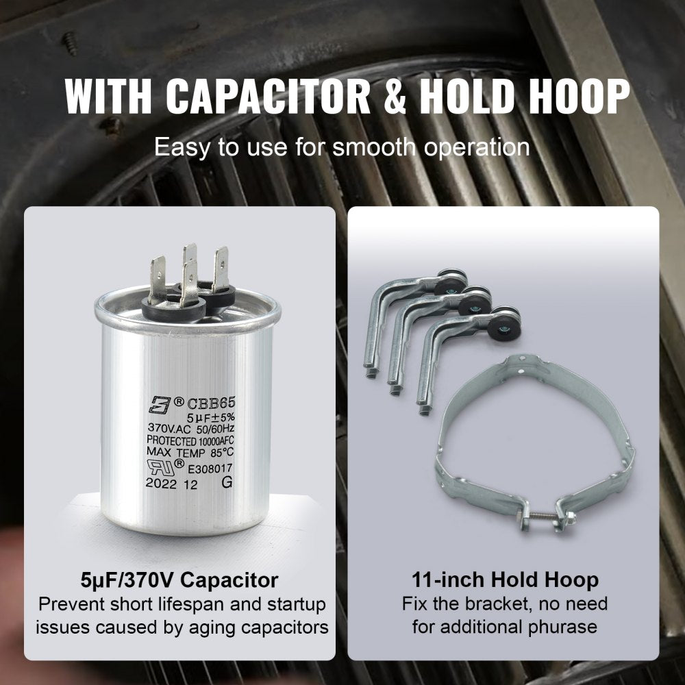 VEVOR 1/3HP Furnace Blower Motor, 110/120V 4.4Amps, 1075RPM 4 Speeds, CW/CCW Rotation, 48 Frame 5.2" Shaft Length, 5?F/370V Capacitor + 11" Hold Hoop