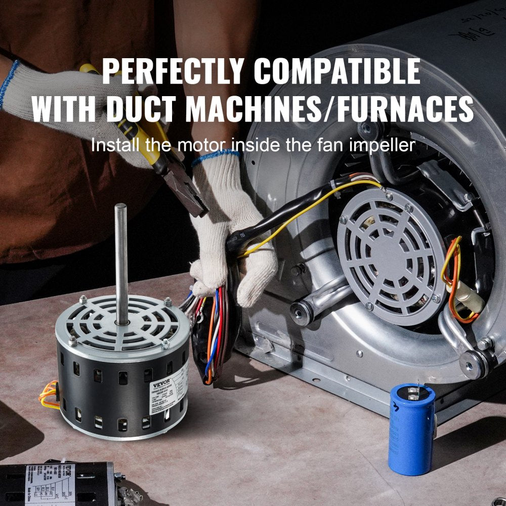 VEVOR 1/3HP Furnace Blower Motor, 110/120V 4.4Amps, 1075RPM 4 Speeds, CW/CCW Rotation, 48 Frame 5.2" Shaft Length, 5?F/370V Capacitor + 11" Hold Hoop