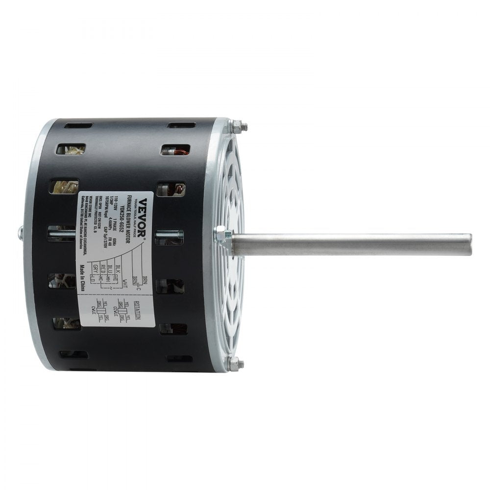 VEVOR 1/3HP Furnace Blower Motor, 110/120V 4.4Amps, 1075RPM 4 Speeds, CW/CCW Rotation, 48 Frame 5.2" Shaft Length, 5?F/370V Capacitor + 11" Hold Hoop