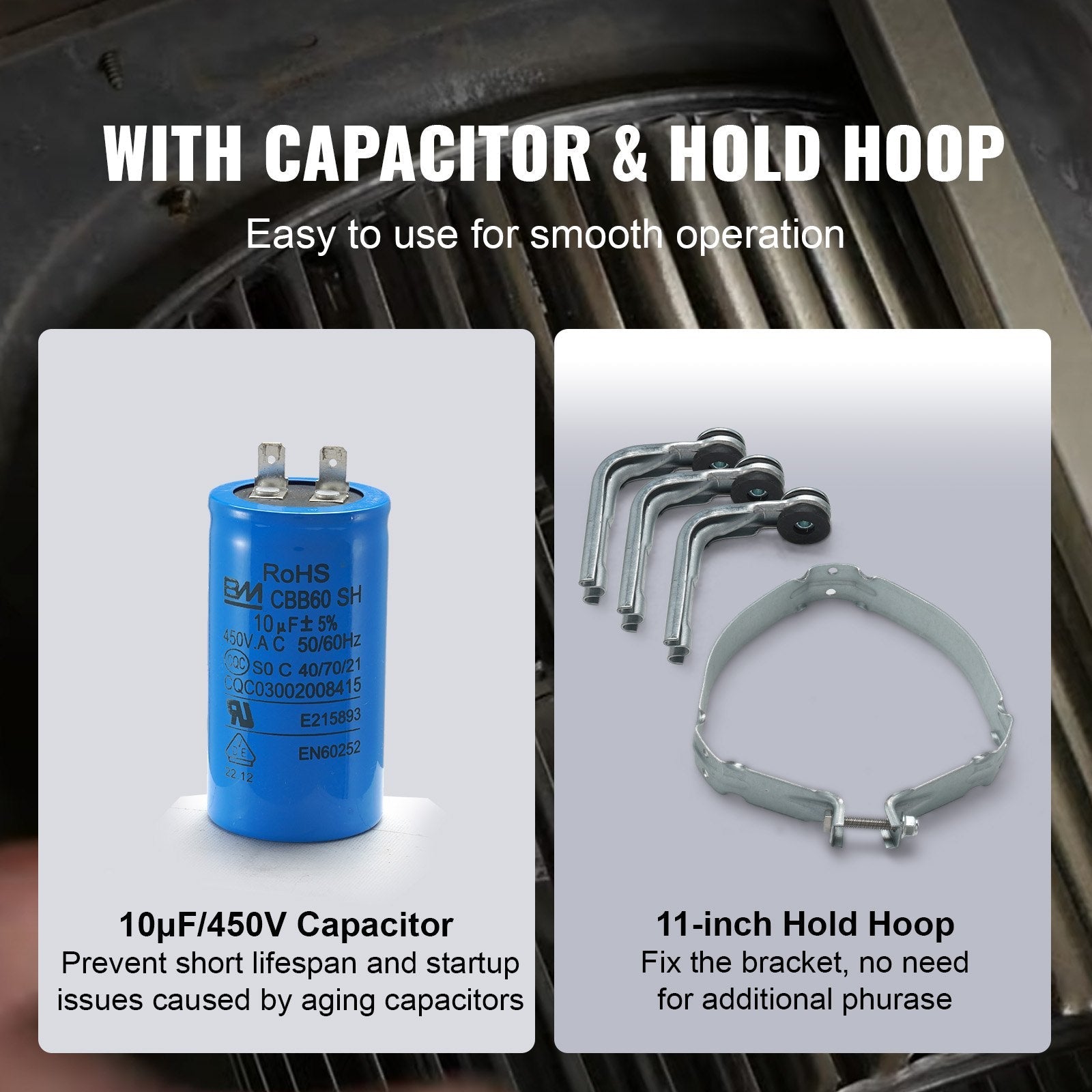 VEVOR 3/4HP Furnace Blower Motor, 208/230V 3.85Amps, 1075RPM 5 Speeds, CW/CCW Rotation, 48 Frame 4.8" Shaft Length, 10?F/450V Capacitor + 11" Hold Hoop