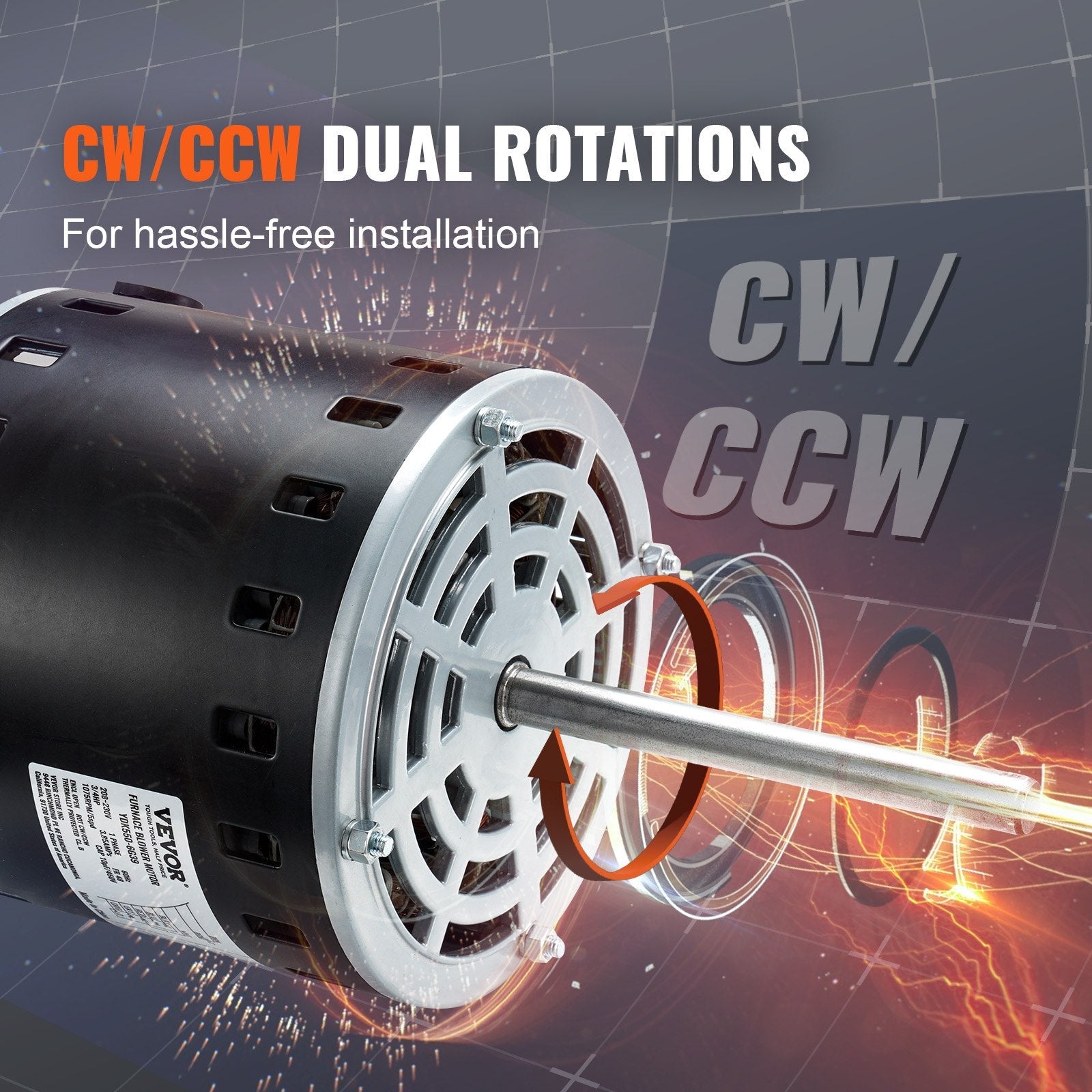 VEVOR 3/4HP Furnace Blower Motor, 208/230V 3.85Amps, 1075RPM 5 Speeds, CW/CCW Rotation, 48 Frame 4.8" Shaft Length, 10?F/450V Capacitor + 11" Hold Hoop