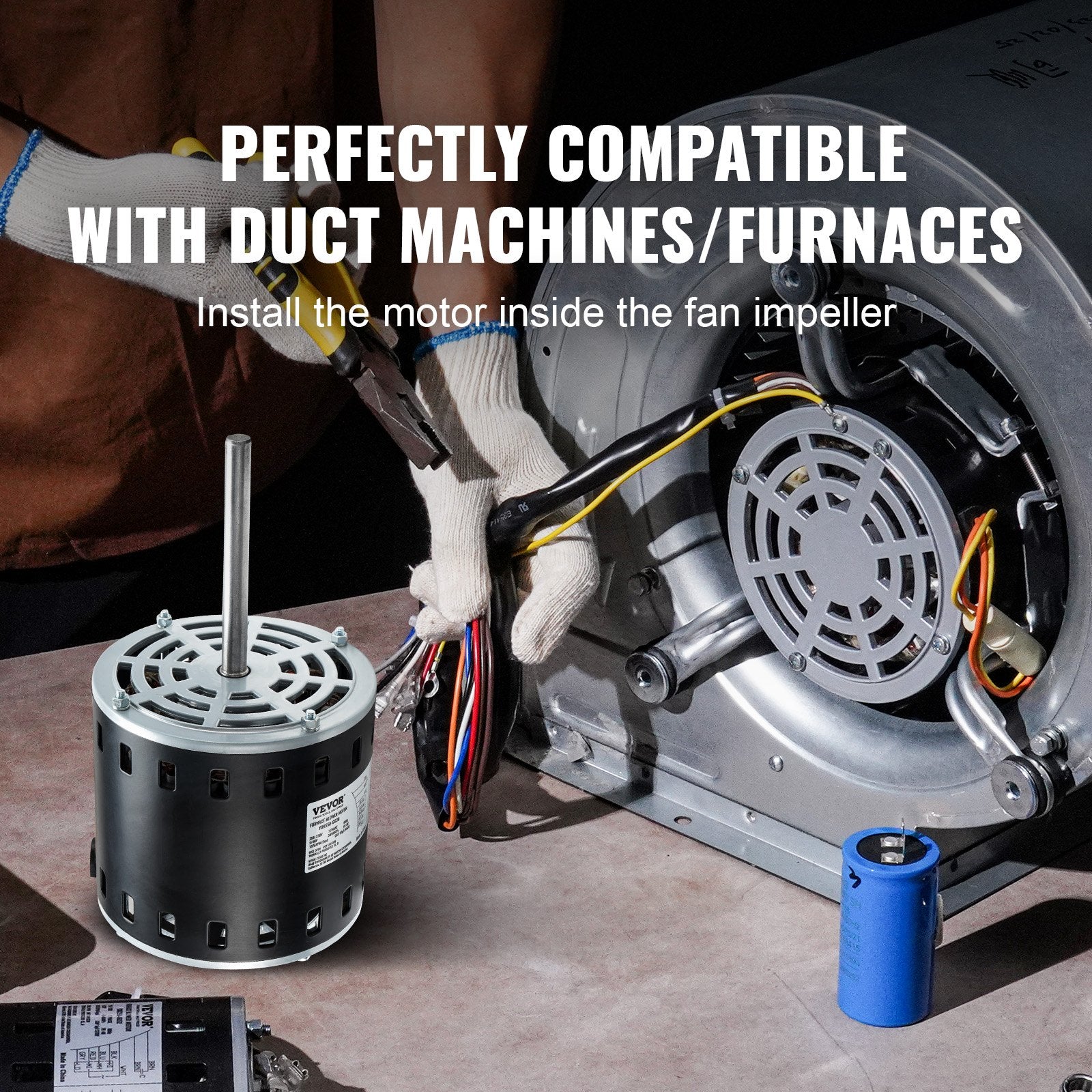 VEVOR 3/4HP Furnace Blower Motor, 208/230V 3.85Amps, 1075RPM 5 Speeds, CW/CCW Rotation, 48 Frame 4.8" Shaft Length, 10?F/450V Capacitor + 11" Hold Hoop