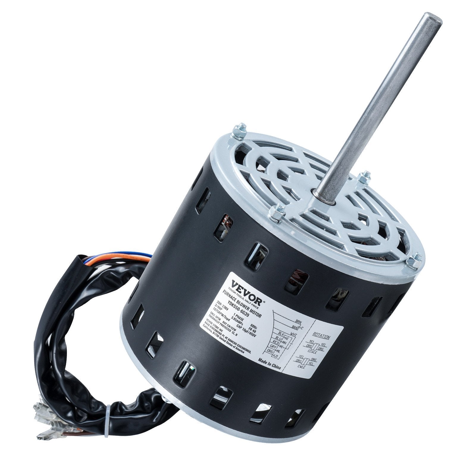 VEVOR 3/4HP Furnace Blower Motor, 208/230V 3.85Amps, 1075RPM 5 Speeds, CW/CCW Rotation, 48 Frame 4.8" Shaft Length, 10?F/450V Capacitor + 11" Hold Hoop