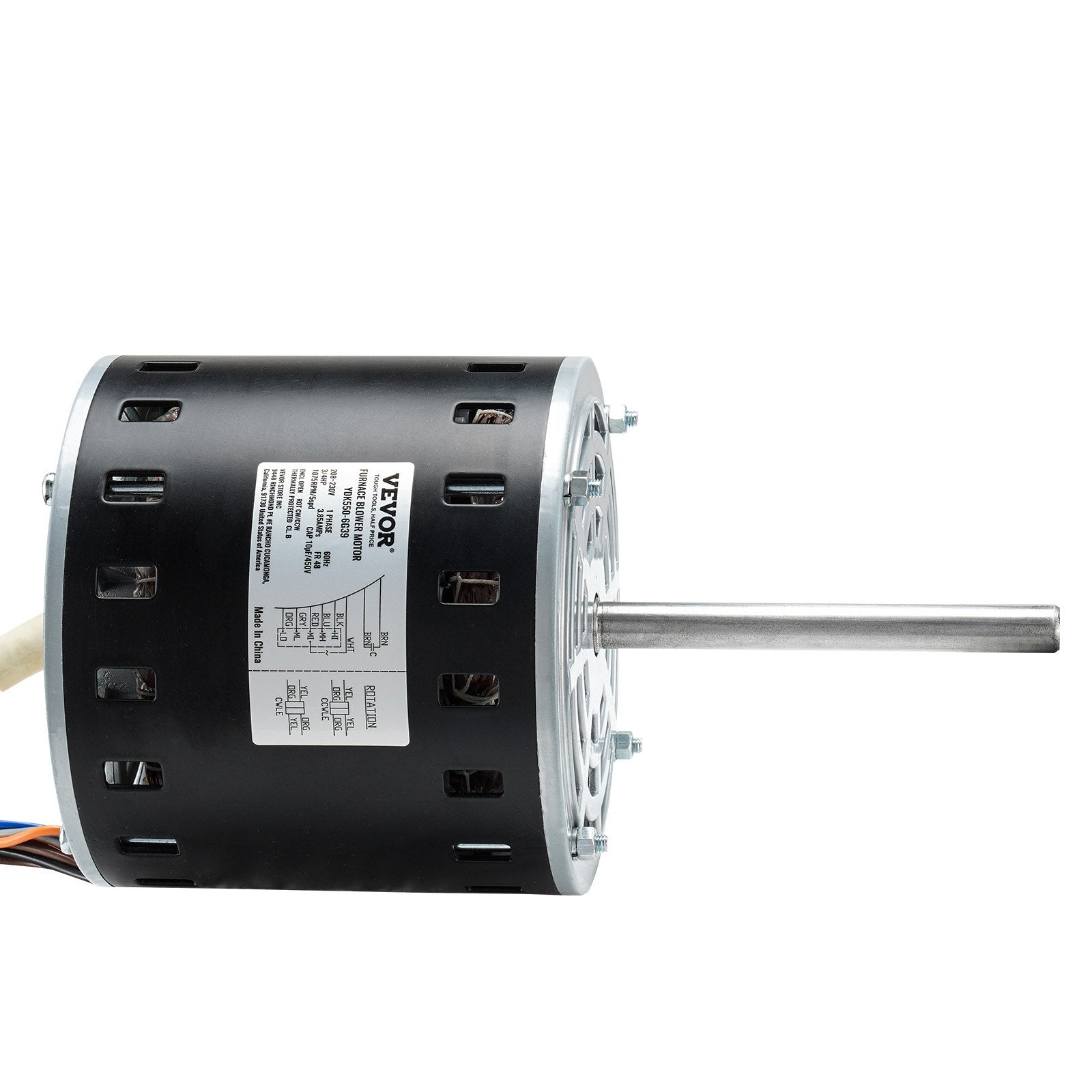 VEVOR 3/4HP Furnace Blower Motor, 208/230V 3.85Amps, 1075RPM 5 Speeds, CW/CCW Rotation, 48 Frame 4.8" Shaft Length, 10?F/450V Capacitor + 11" Hold Hoop