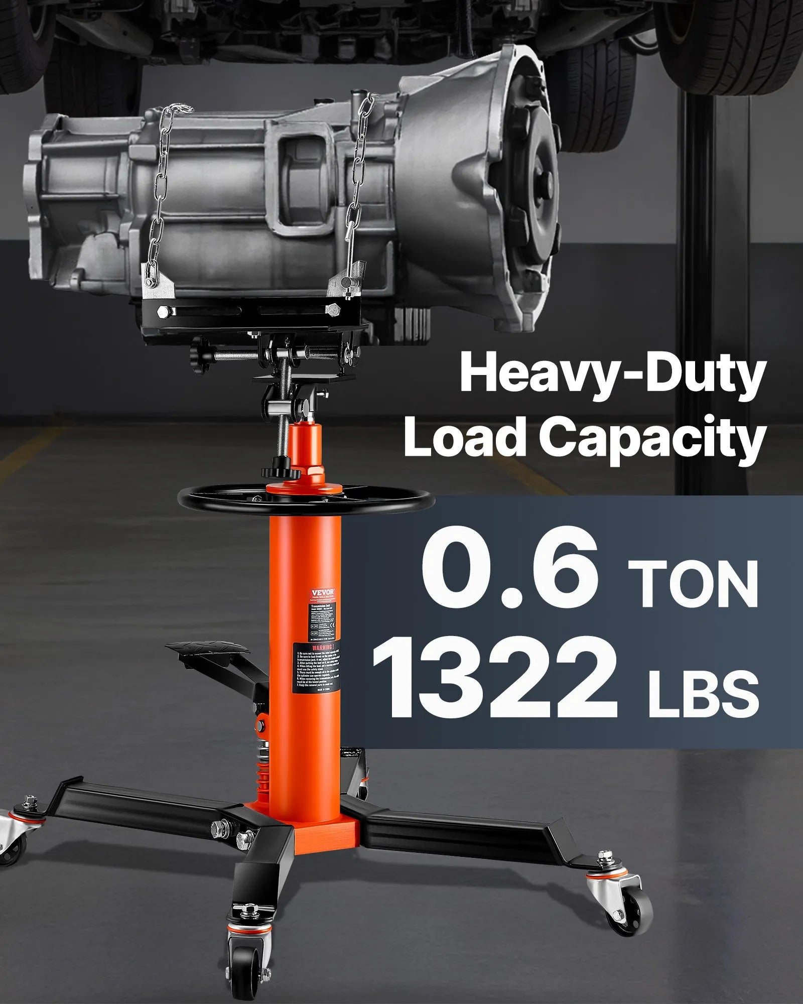 VEVOR Transmission Jack, 1322 LBS Hydraulic Telescoping Transmission Jack, 34.3"-68.5" High Lift Floor Jack Stand with Foot Pedal, 360° Swivel Wheel, Hydraulic Transmission Jack Garage/Shop Lift Hoist