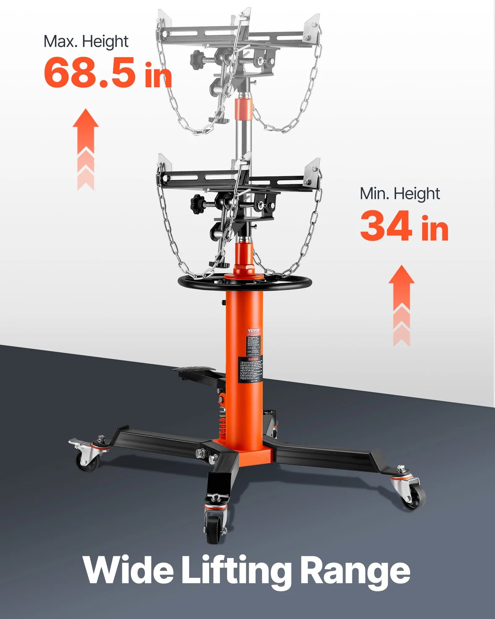 VEVOR Transmission Jack, 1322 LBS Hydraulic Telescoping Transmission Jack, 34.3"-68.5" High Lift Floor Jack Stand with Foot Pedal, 360° Swivel Wheel, Hydraulic Transmission Jack Garage/Shop Lift Hoist