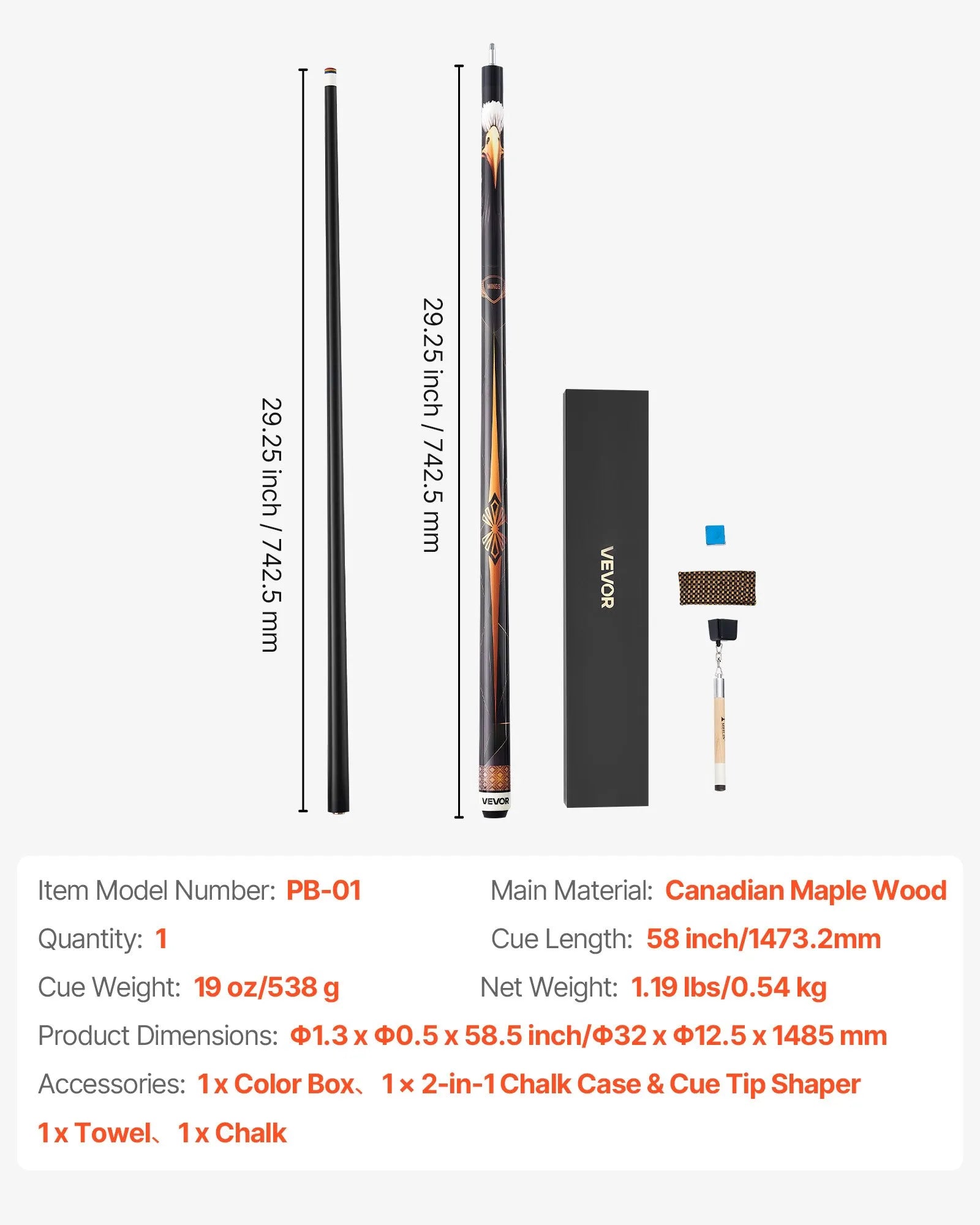 VEVOR Pool Cue, 1 Piece Pool Stick, 58 inch & 19 oz Canadian Maple Wood Billiard Pools Cue Stick with Multi-Layer Tip & ABS Connection Ring, Cues Sticks for Professional Pool Table, Bar, Home, Office