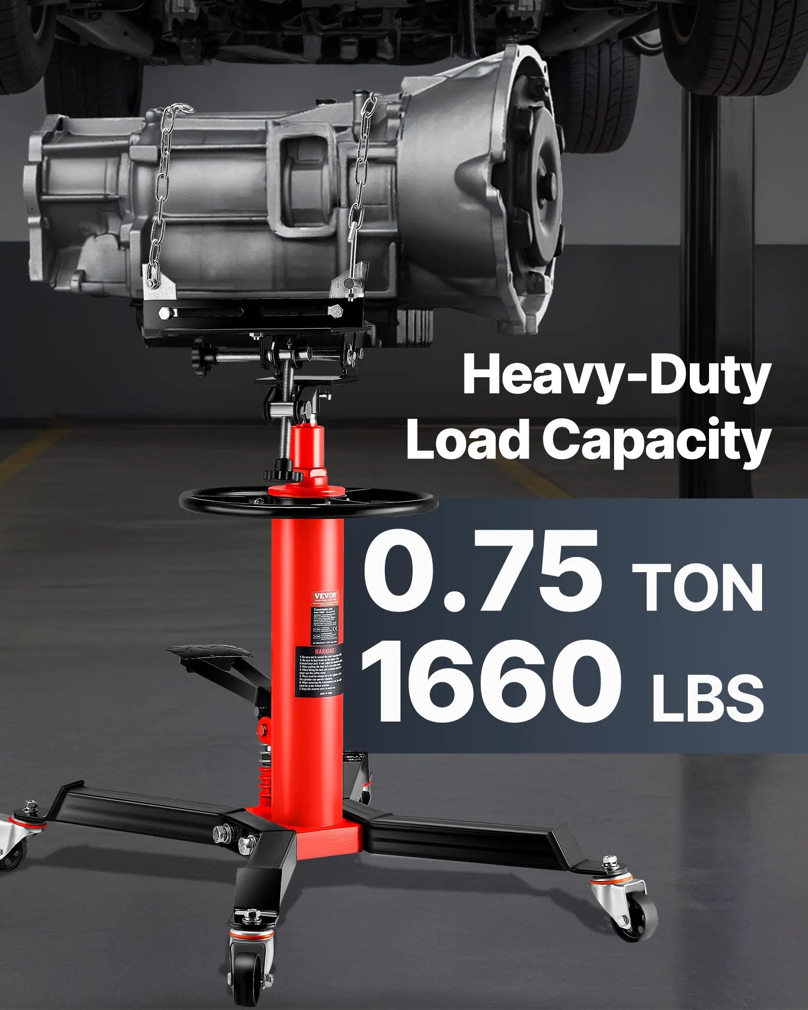 VEVOR Transmission Jack,3/5 Ton (1322 lbs) Capacity Hydraulic Telescopic Transmission Jack, 2-Stage Floor Jack Stand with Foot Pedal, 360° Swivel Wheel, Garage/ Shop Lift Hoist, Red