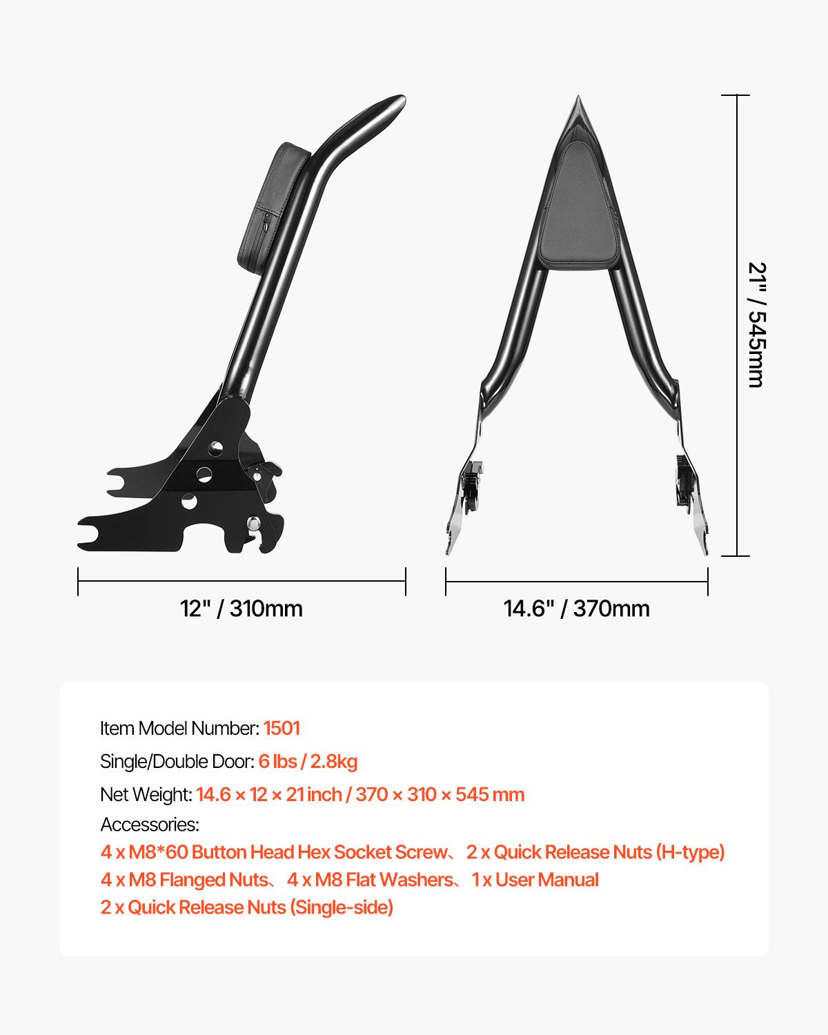 VEVOR Motorcycle Backrest Sissy Bar for Harley-Davidson Dyna 2006-2017 27 in