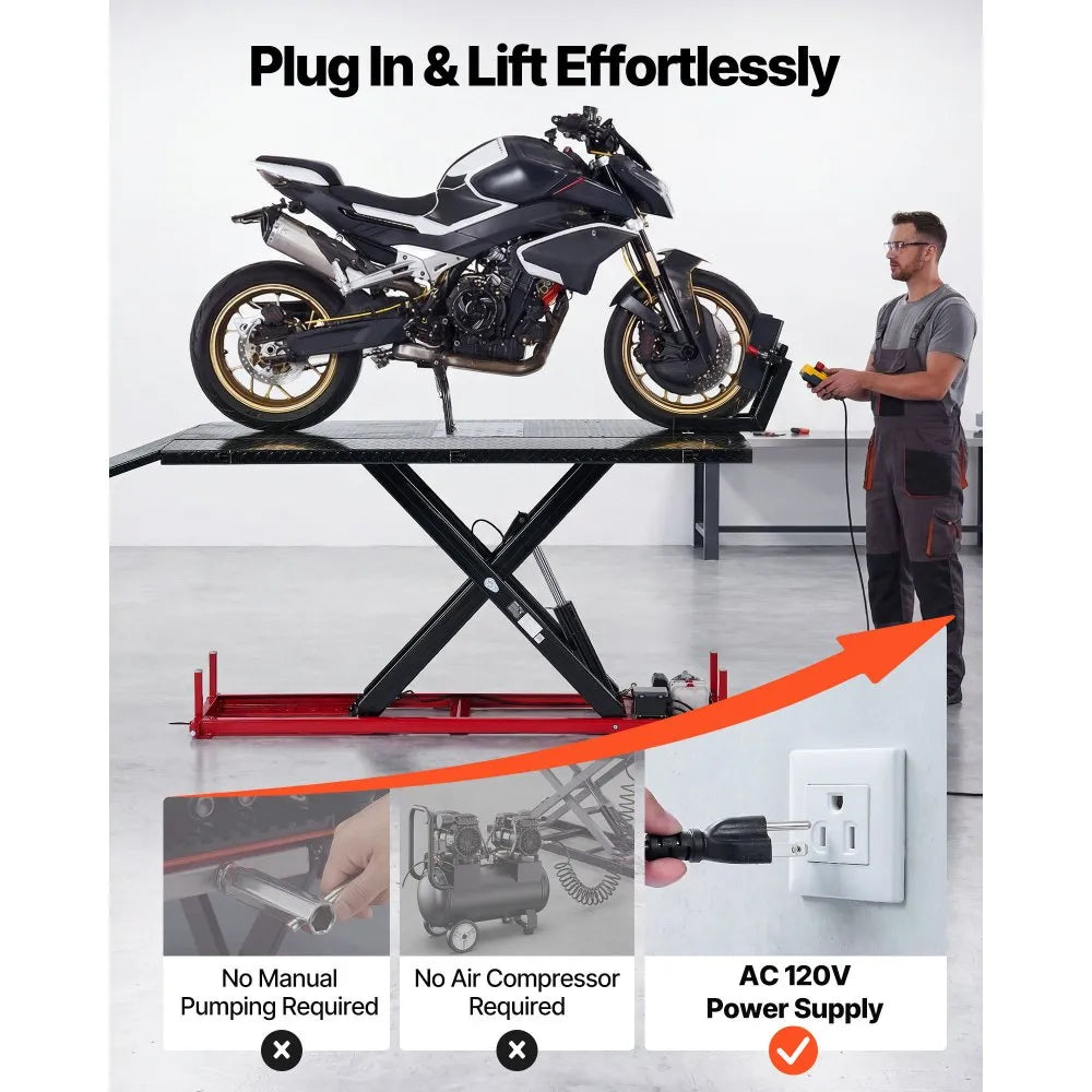 VEVOR Motorcycle Lift Table, 1500 lbs Capacity Electric Hydraulic Lift with Wheel Chock for ATV & Dirt Bikes