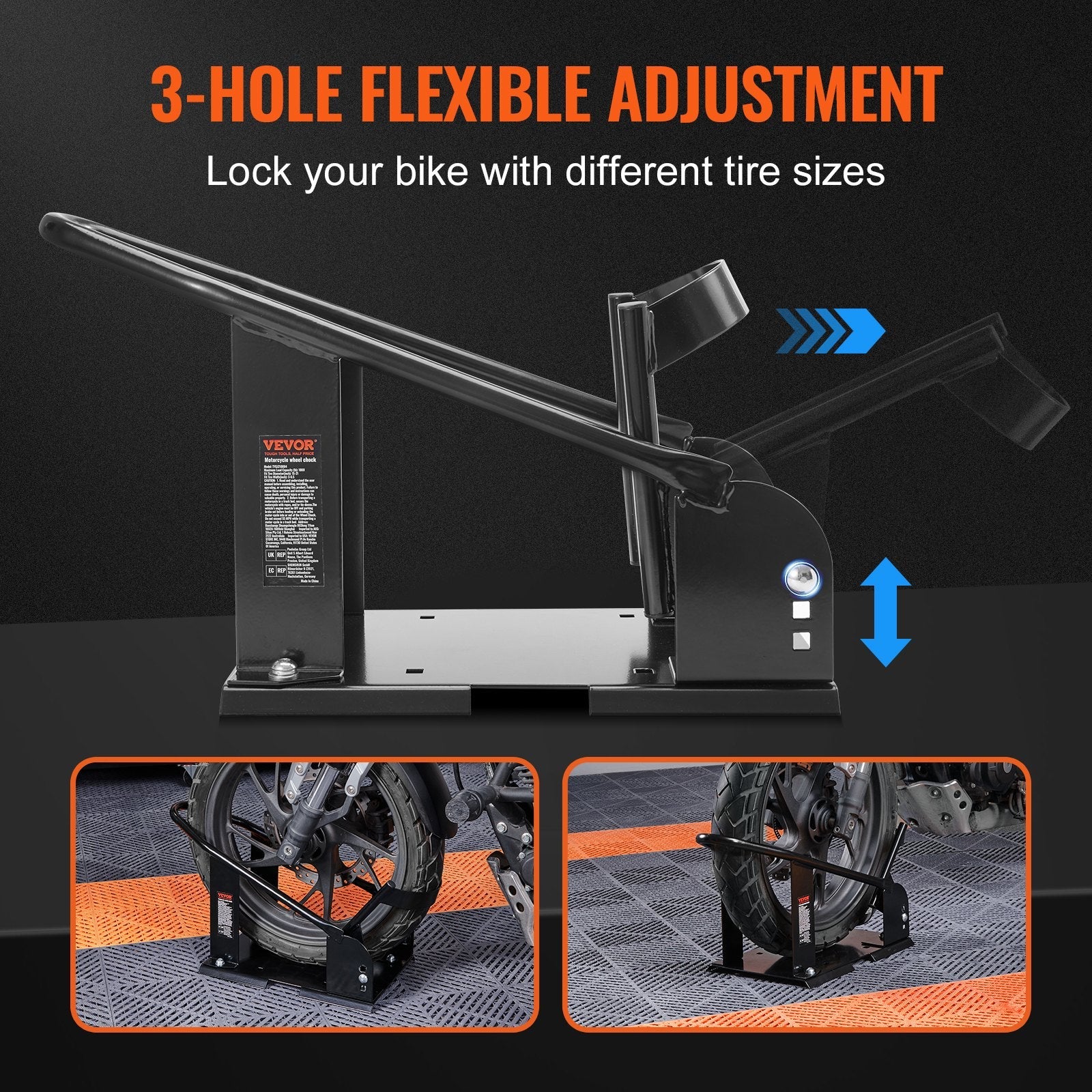 VEVOR Motorcycle Wheel Chock, 1800 lbs Capacity Wheel Cradle Holder, Heavy-duty Steel Motorcycle Front Wheel Stand with 3 Adjustable Holes, For 15"-21" Off-Road Motorcycles, Standard Motorcycles