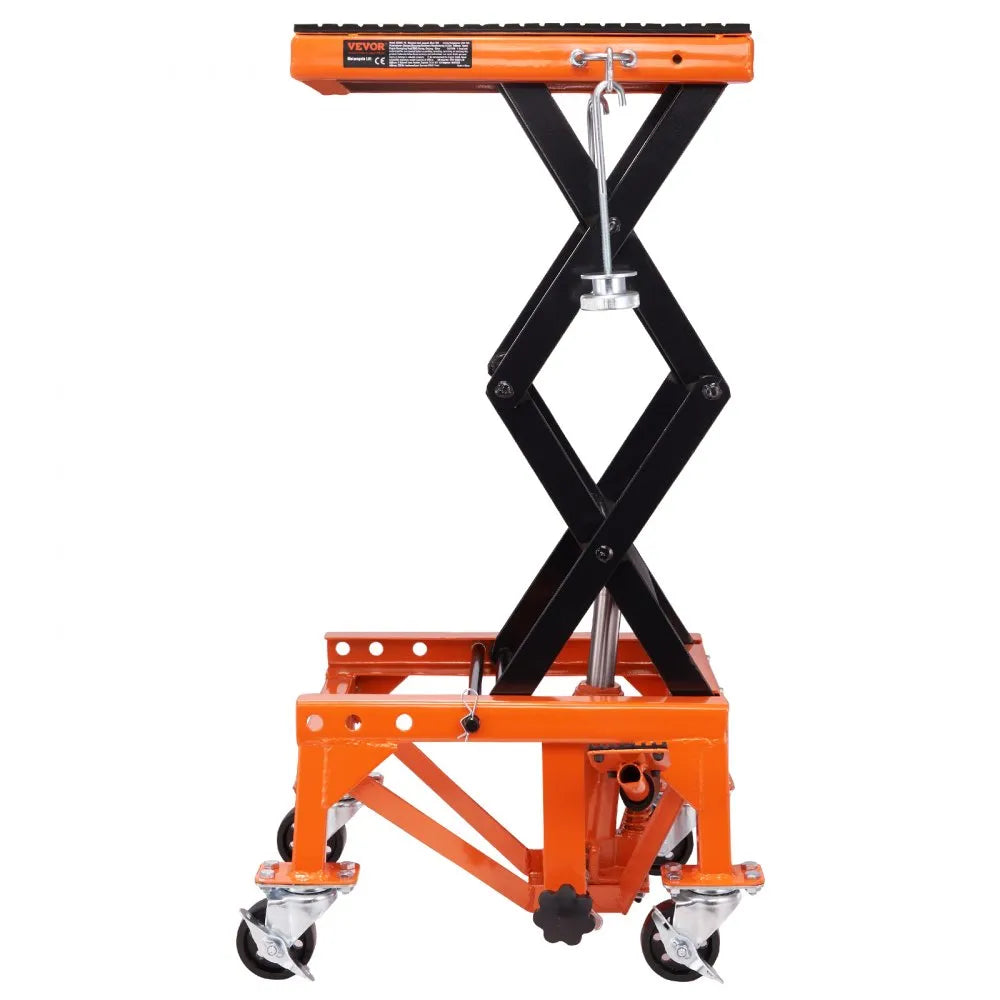VEVOR Hydraulic Motorcycle Lift Table, 350 LBS Capacity Motorcycle Scissor Jack Lift with Wide Deck, J-hooks, 4 Wheels, Hydraulic Foot-Operated Jack Stand for ATV Dirt Bikes