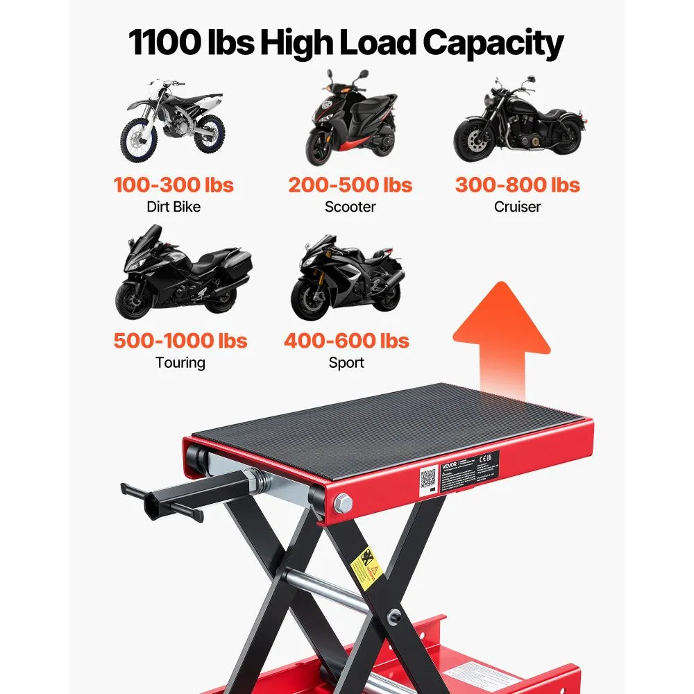 VEVOR Motorcycle Scissor Lift Jack, 1100 lbs Capacity, Wide Deck & Lock Pin, 3.74"-13.38" Hoist Stand, Red/Black