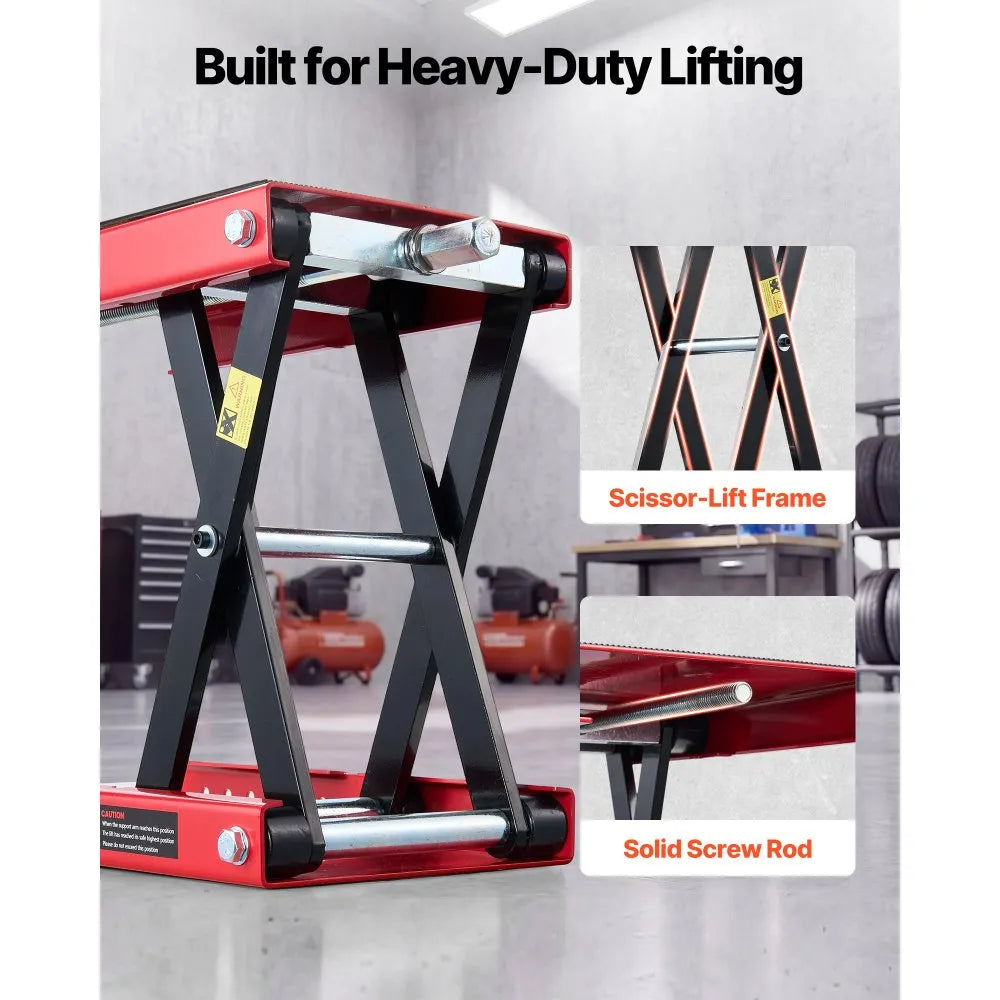 VEVOR Motorcycle Scissor Lift Jack, 1100 lbs Capacity, Wide Deck & Lock Pin, 3.74"-13.38" Hoist Stand, Red/Black