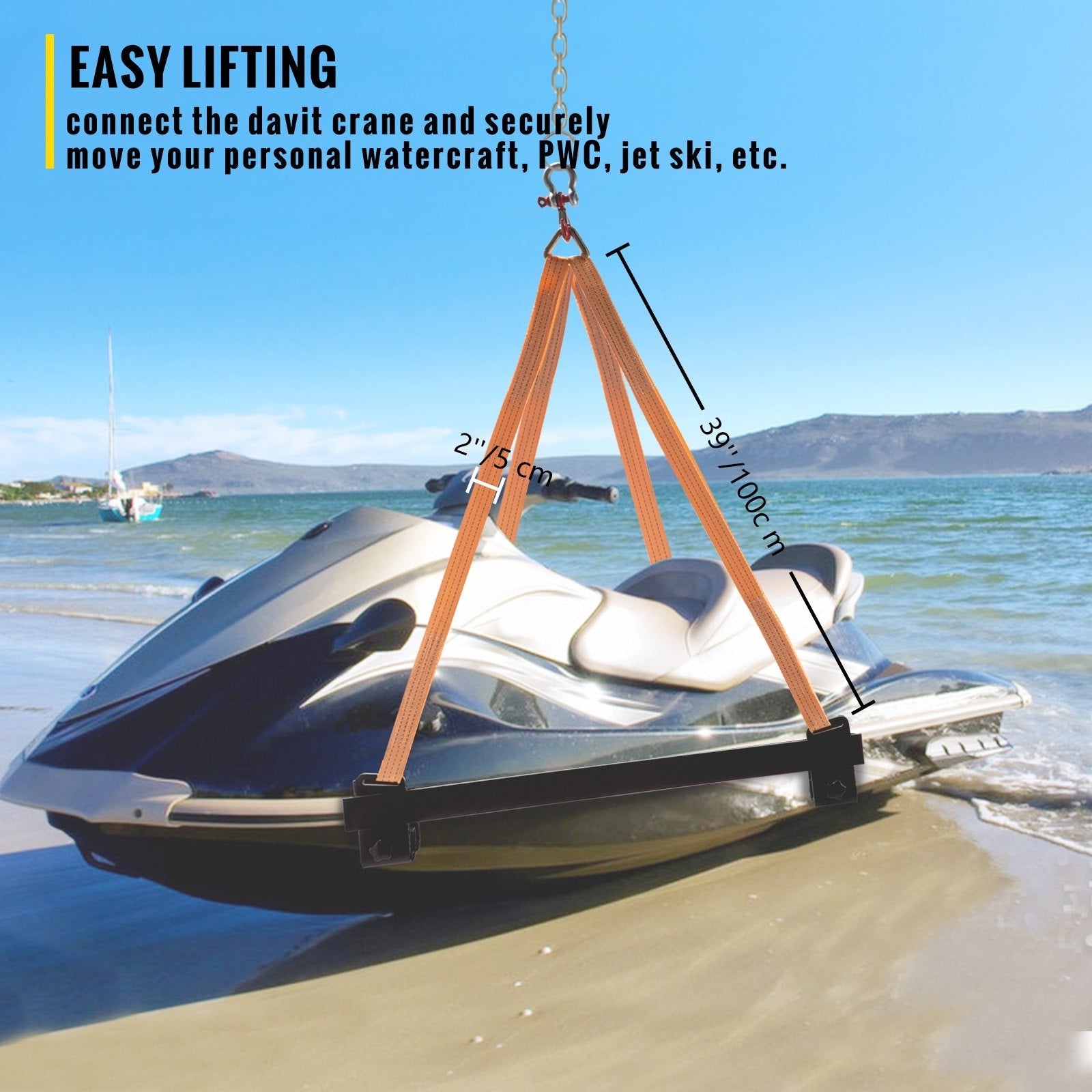 VEVOR Watercraft Lift Sling, 1000lbs Capacity Jet Ski Lift Sling, 39\'\' Watercraft Sling w/Heavy Duty Powder-Coated Steel Brackets, Polyester Lifting Straps for Personal Watercraft, PWC, Jet Ski