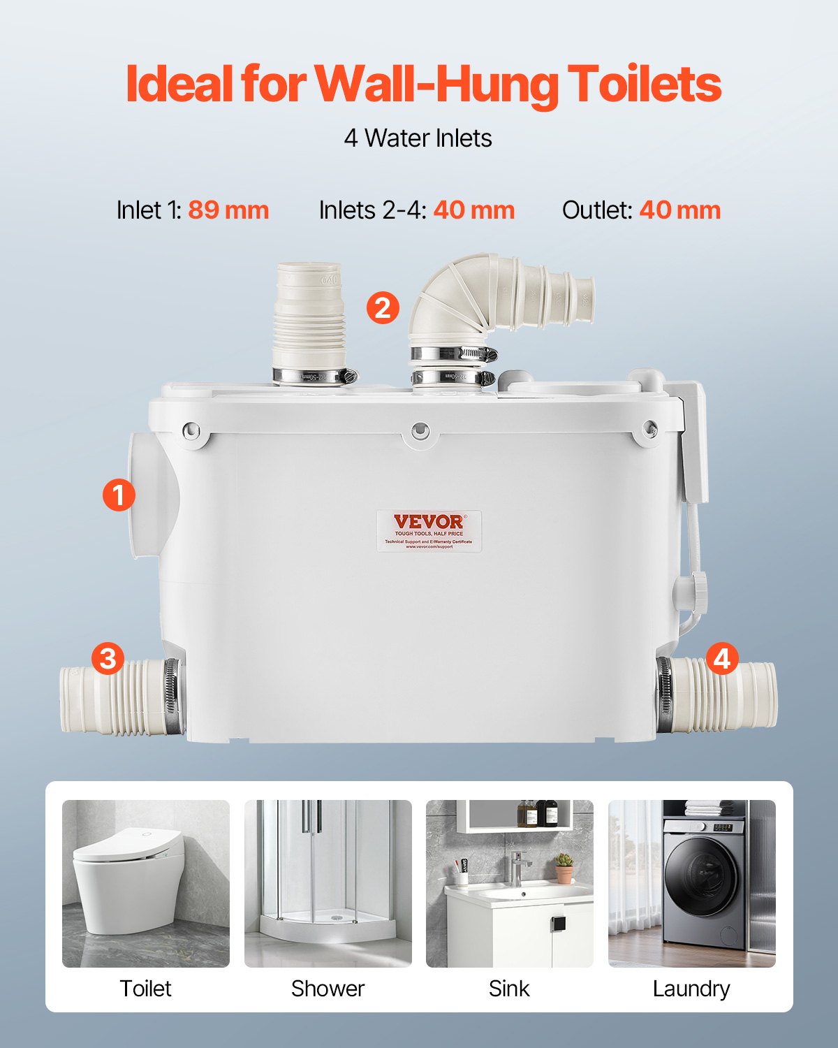 VEVOR Macerator Pump 500W 29 GPM Flow 26 ft Head Lift for Wall-Hung Toilet Sink