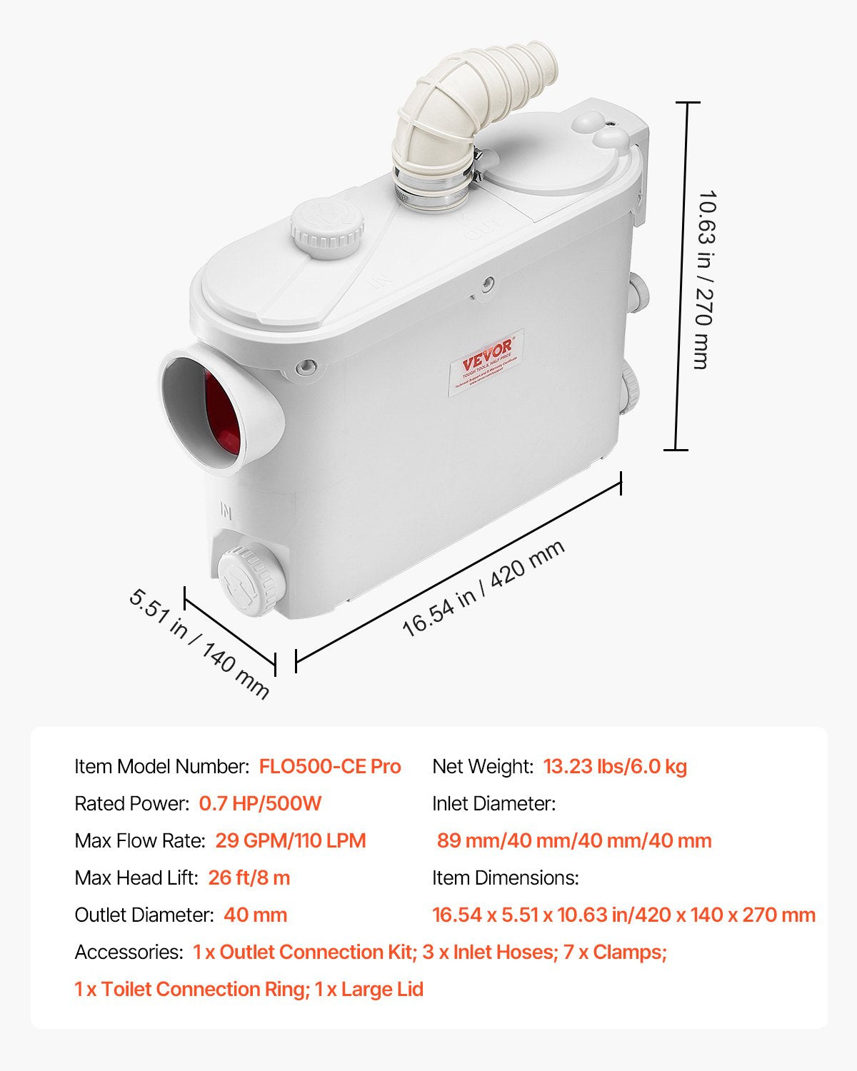 VEVOR Macerator Pump 500W 29 GPM Flow 26 ft Head Lift for Wall-Hung Toilet Sink