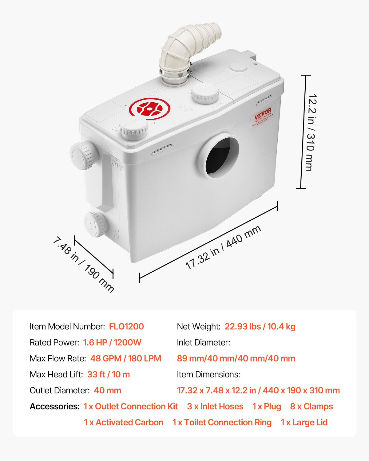 VEVOR Macerator Pump 1200W 48 GPM Flow 33 ft Head Lift for Toilet Basement Sink